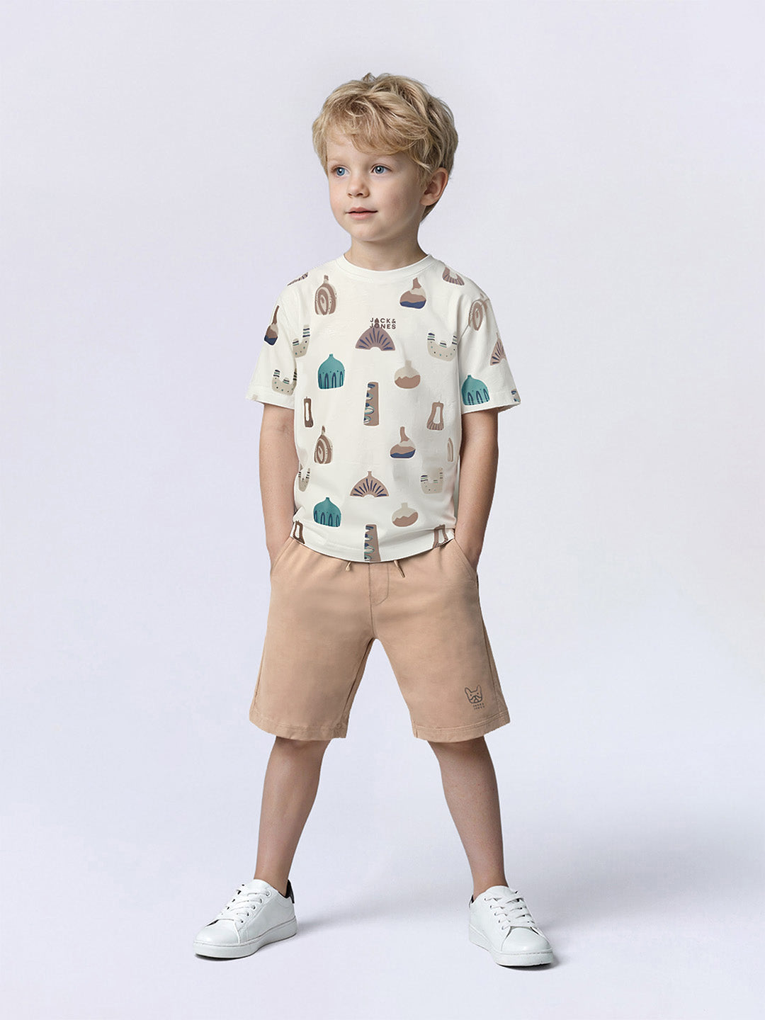 Boys Warm Taupe Brown Abstract Print Cotton Oversized T-Shirt