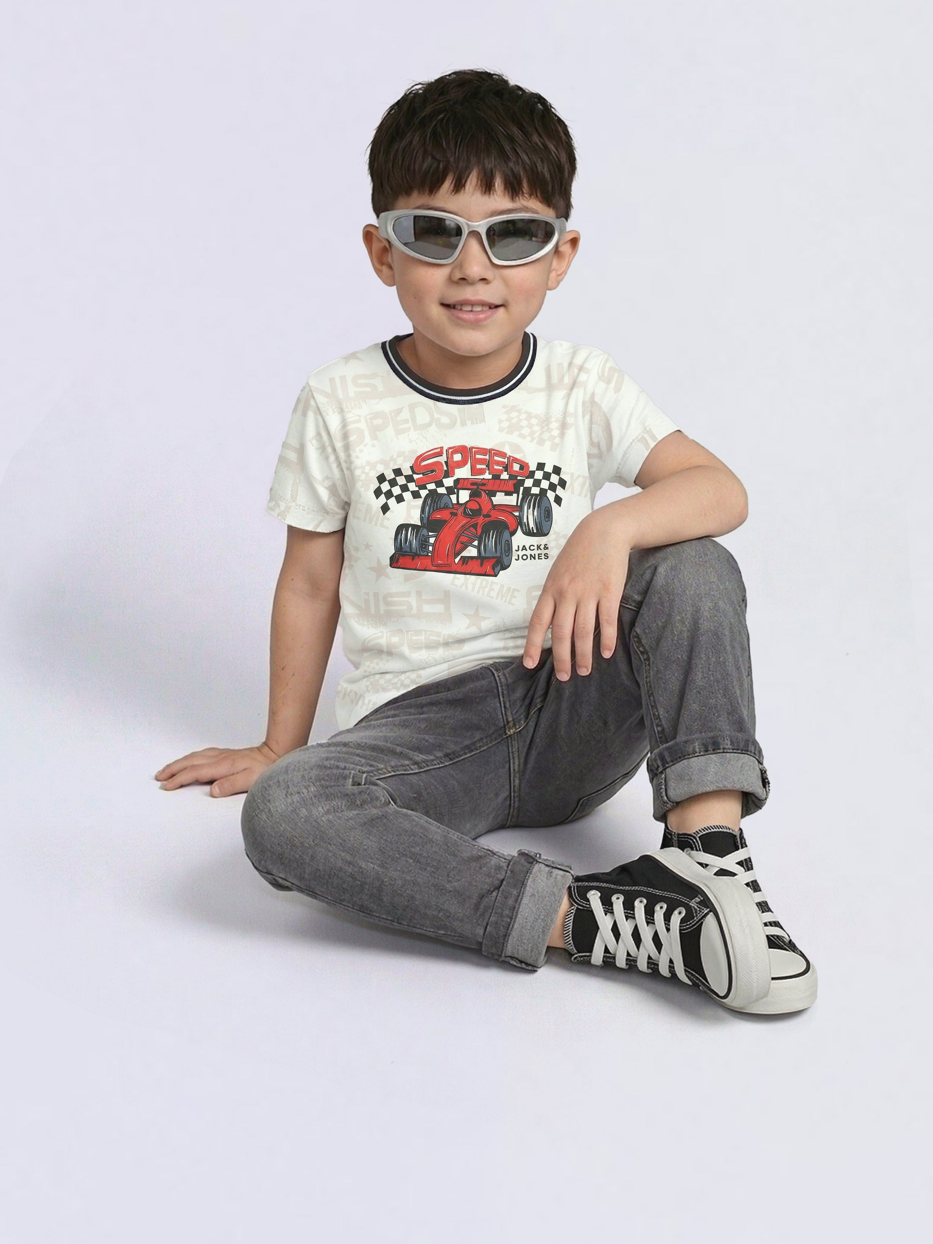 Boys White Racer Car Print Cotton Regular Fit T-Shirt