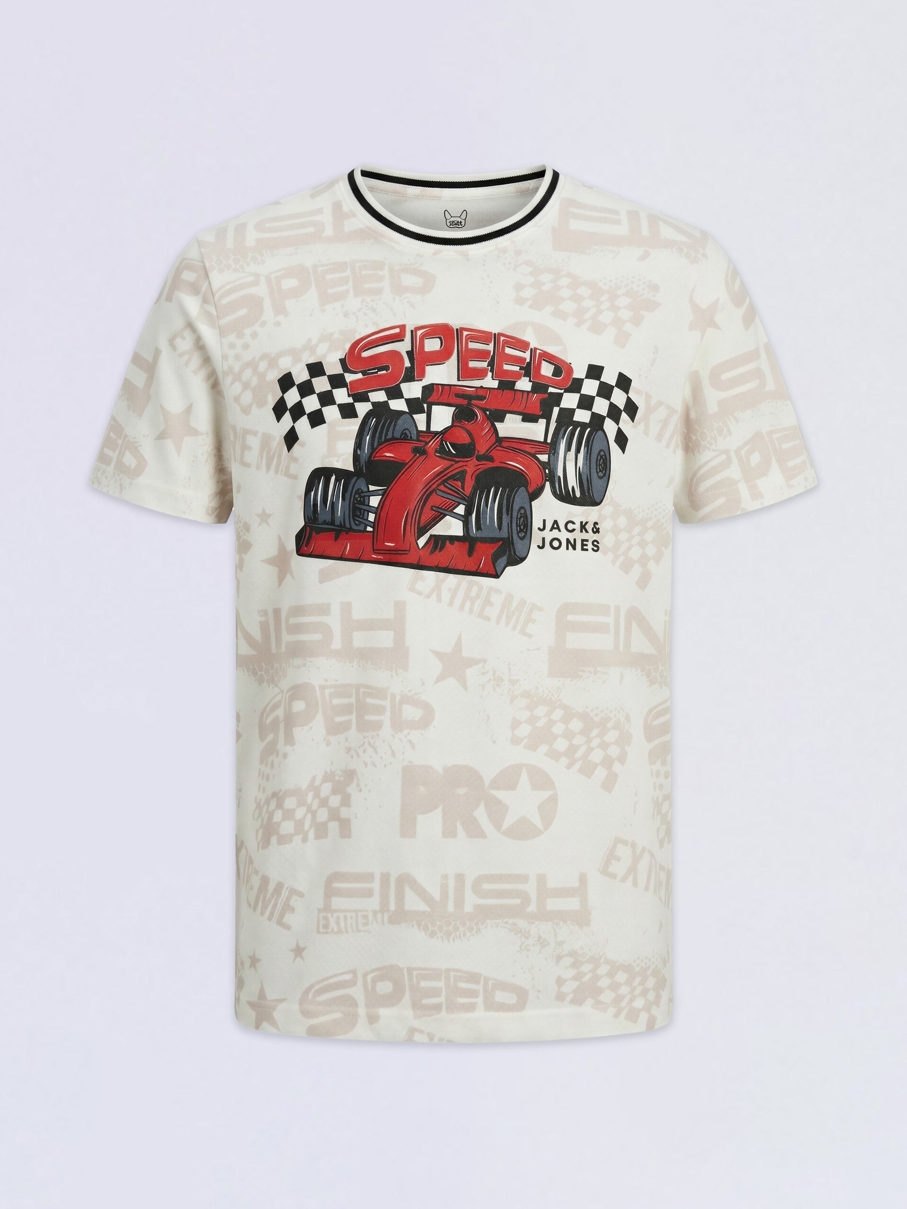 Boys White Racer Car Print Cotton Regular Fit T-Shirt