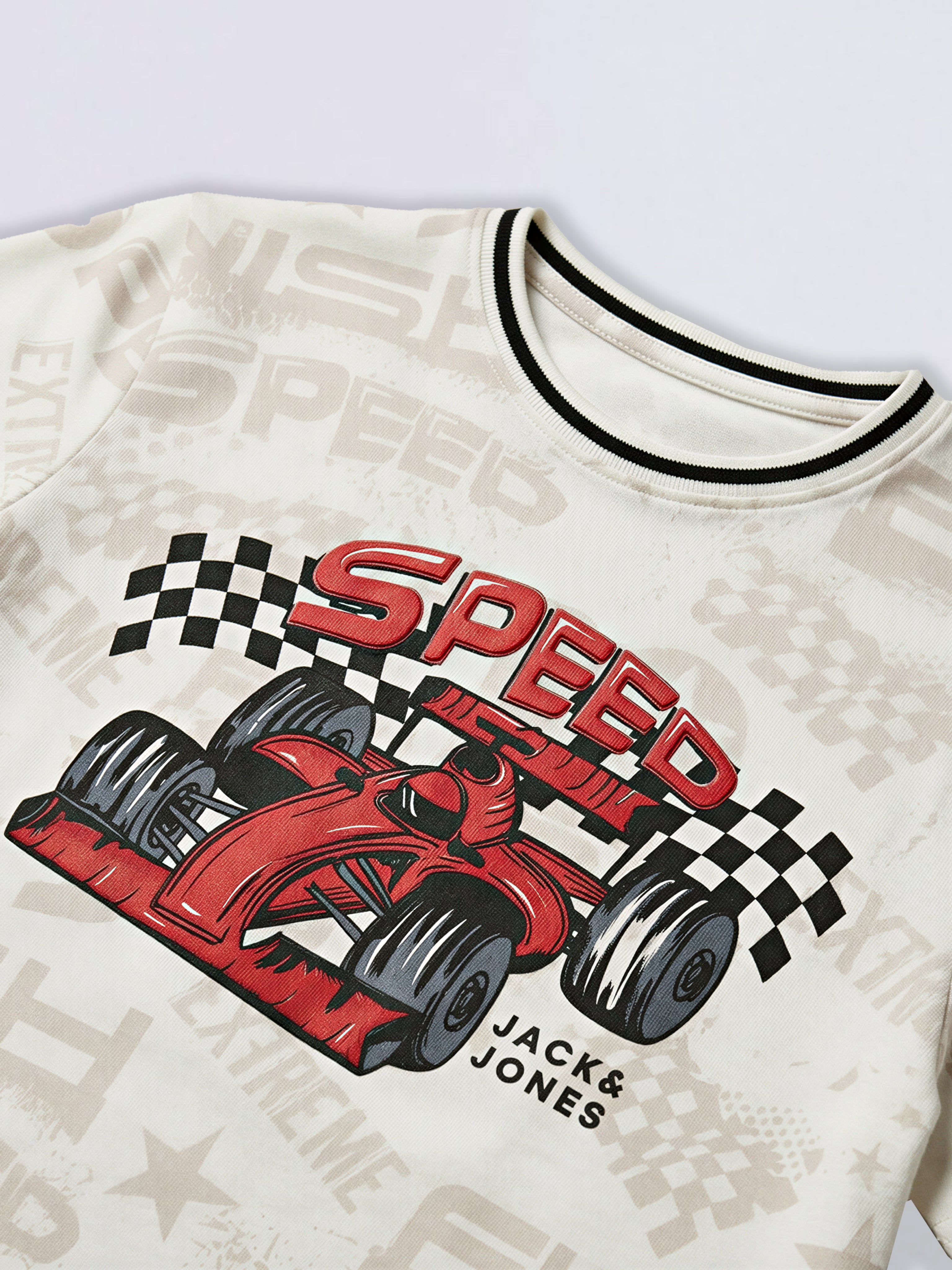 Boys White Racer Car Print Cotton Regular Fit T-Shirt