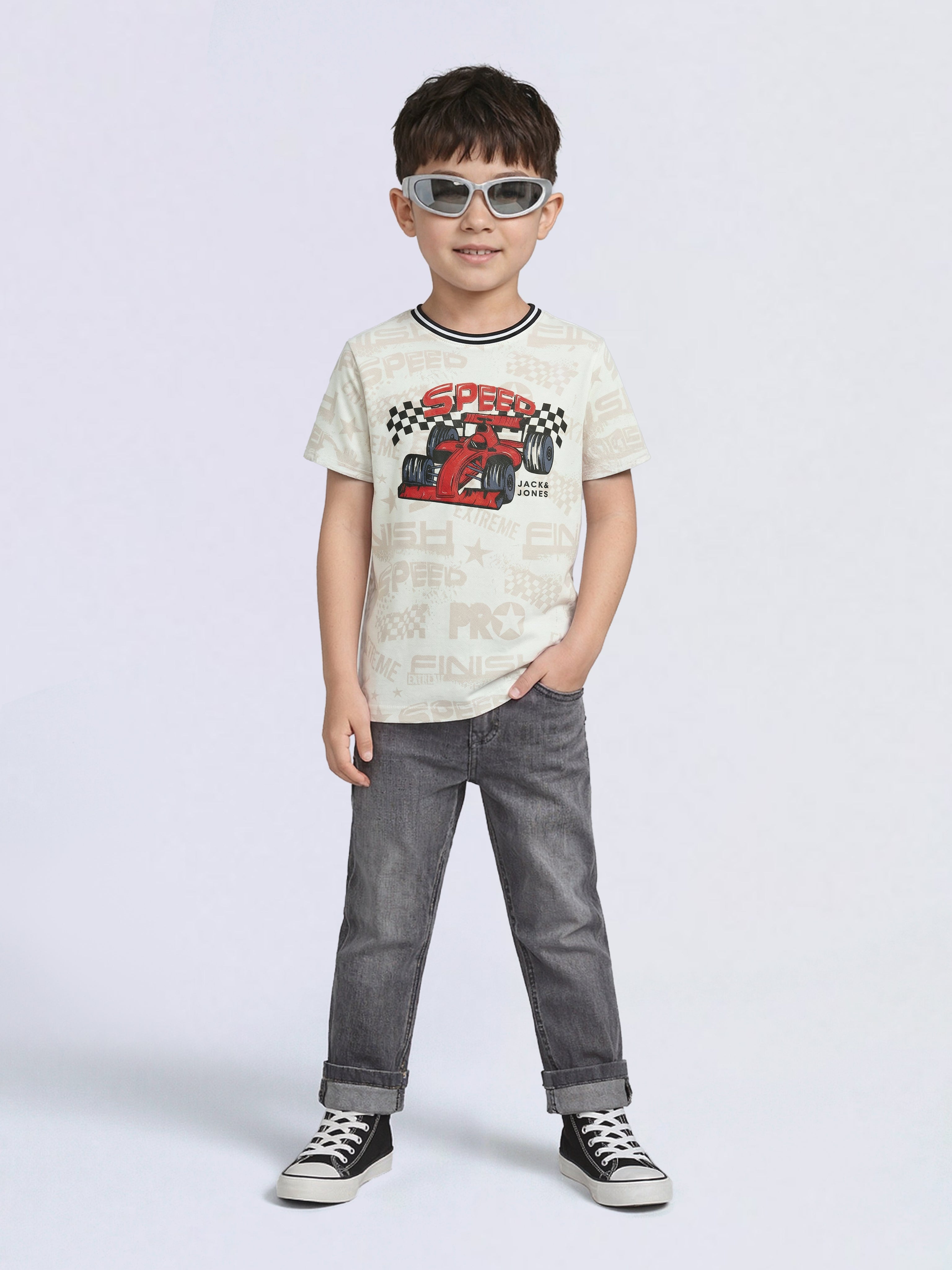 Boys White Racer Car Print Cotton Regular Fit T-Shirt