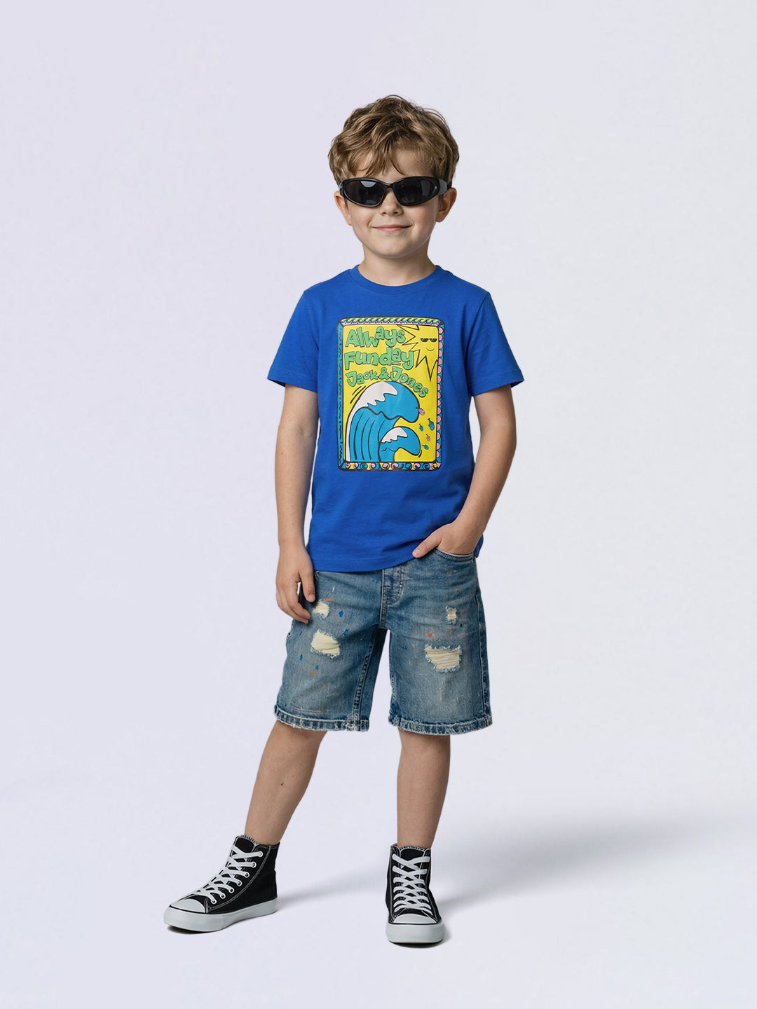 Boys Dark Blue Graphic Print Cotton Regular Fit T-Shirt