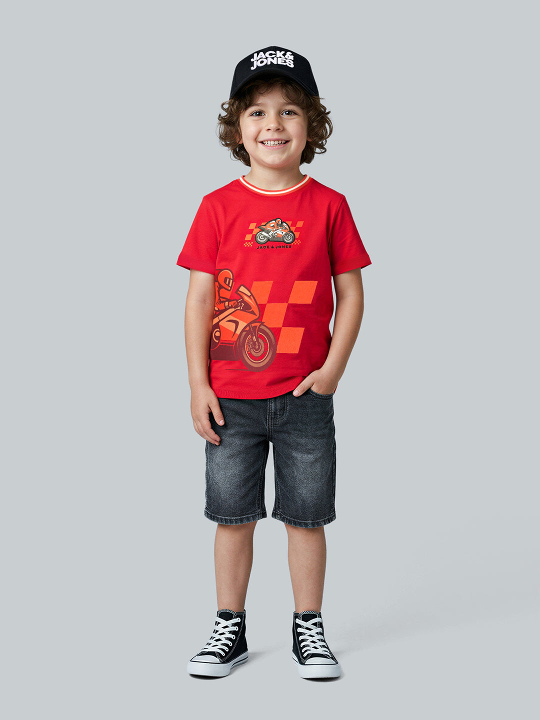Boys Racing Graphic Print Cotton Crew Neck T-Shirt