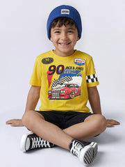 Boys Vibrant Yellow Racer Graphic Cotton T-Shirt