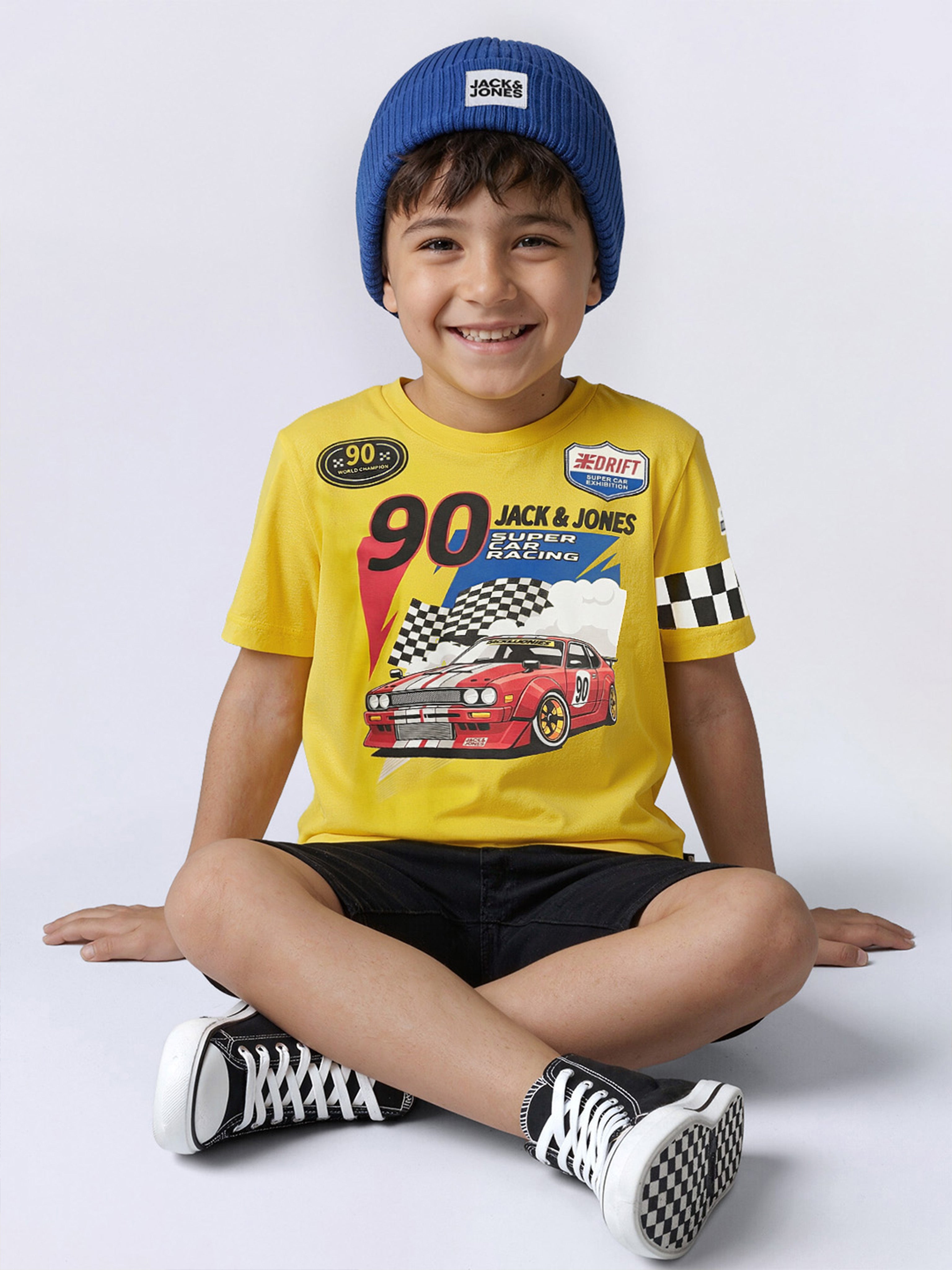 Boys Vibrant Yellow Racer Graphic Cotton T-Shirt