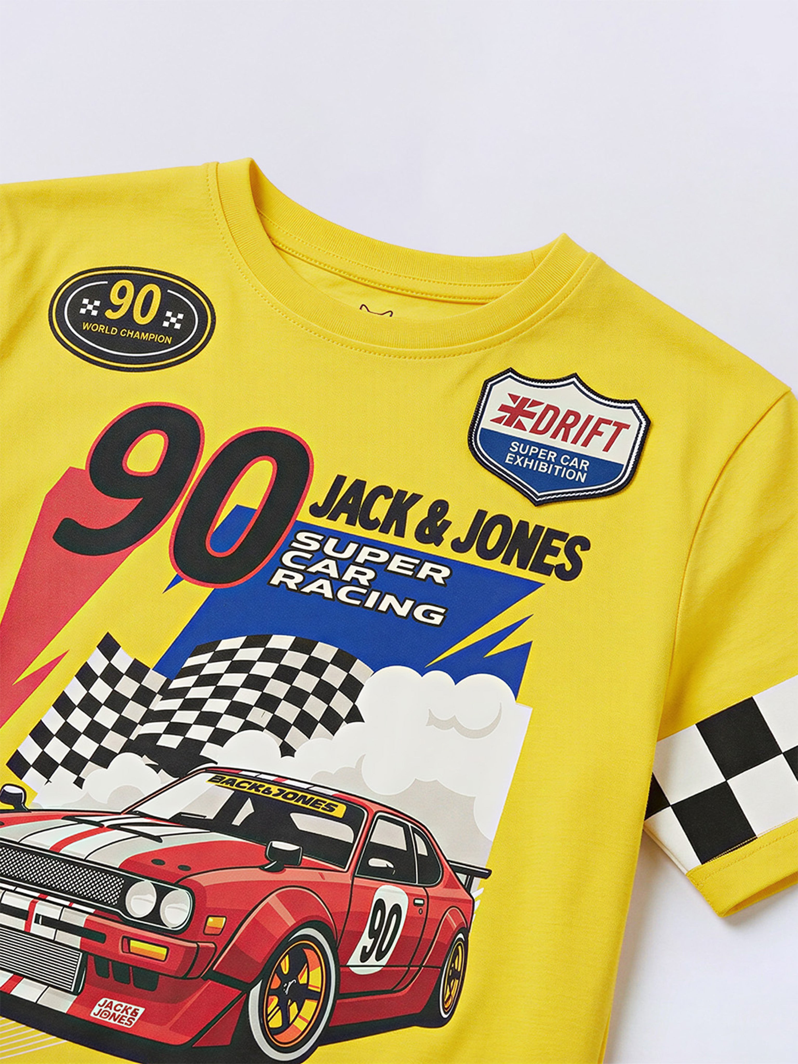 Boys Vibrant Yellow Racer Graphic Cotton T-Shirt