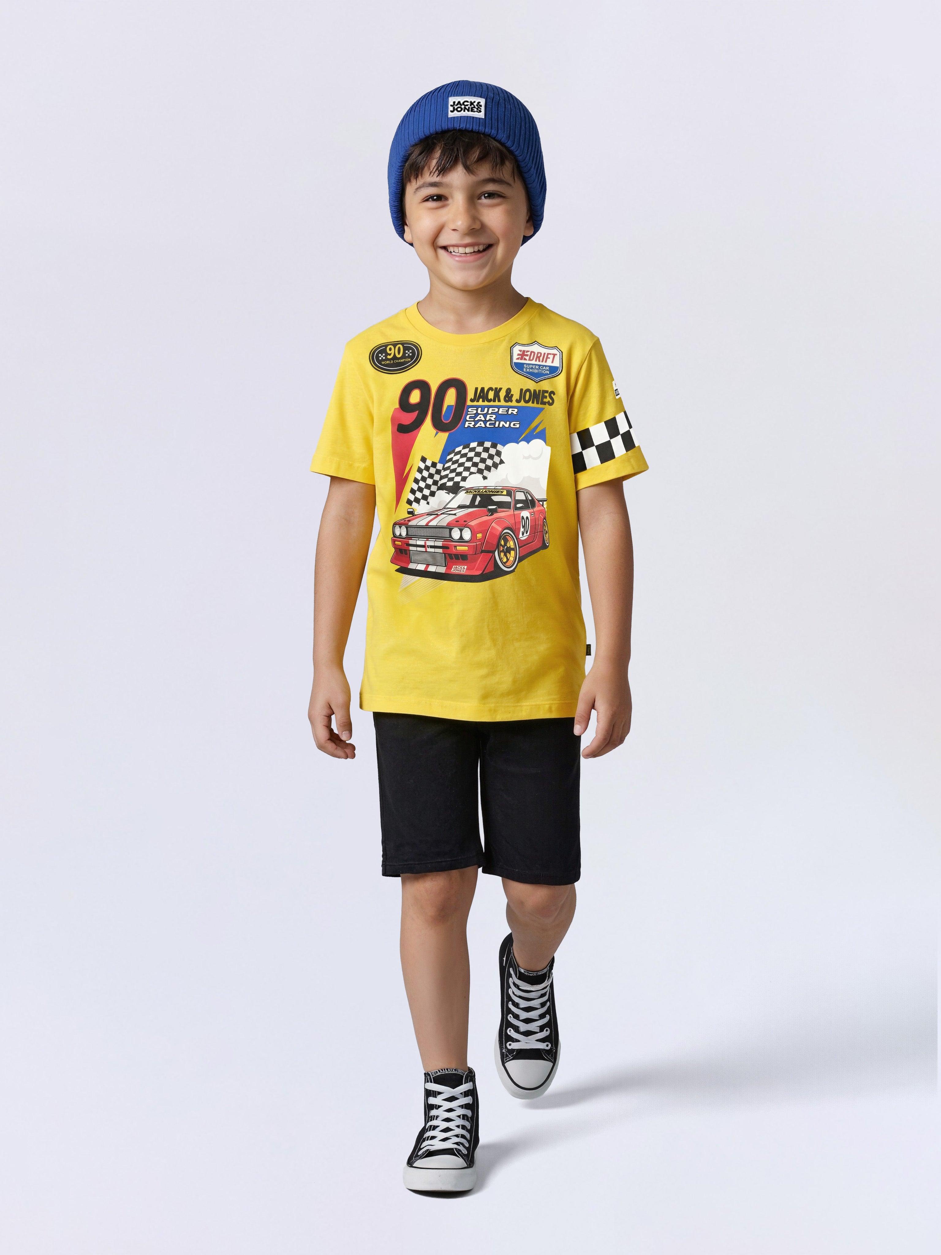 Boys Vibrant Yellow Racer Graphic Cotton T-Shirt