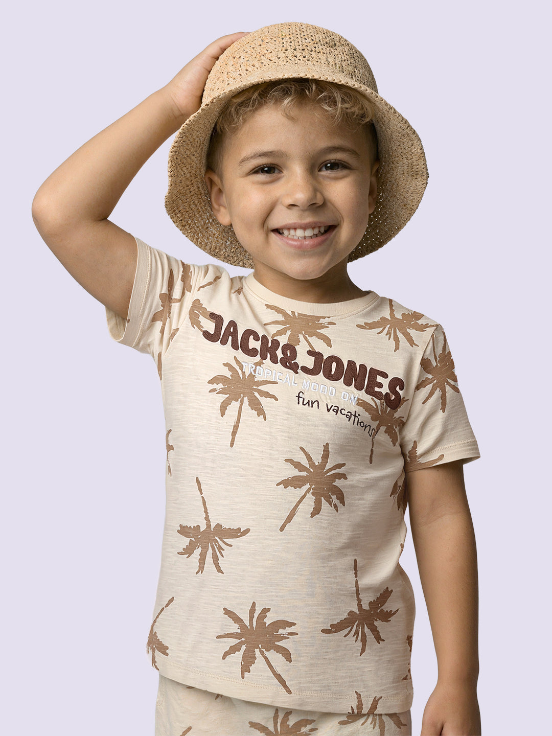 Boys Beige Palm Tree Print Cotton Regular Fit T-Shirt