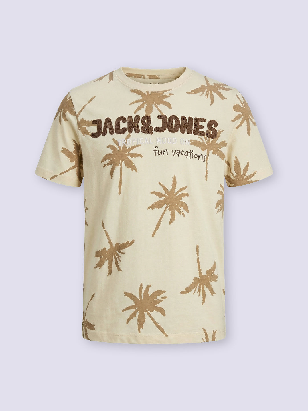 Boys Beige Palm Tree Print Cotton Regular Fit T-Shirt