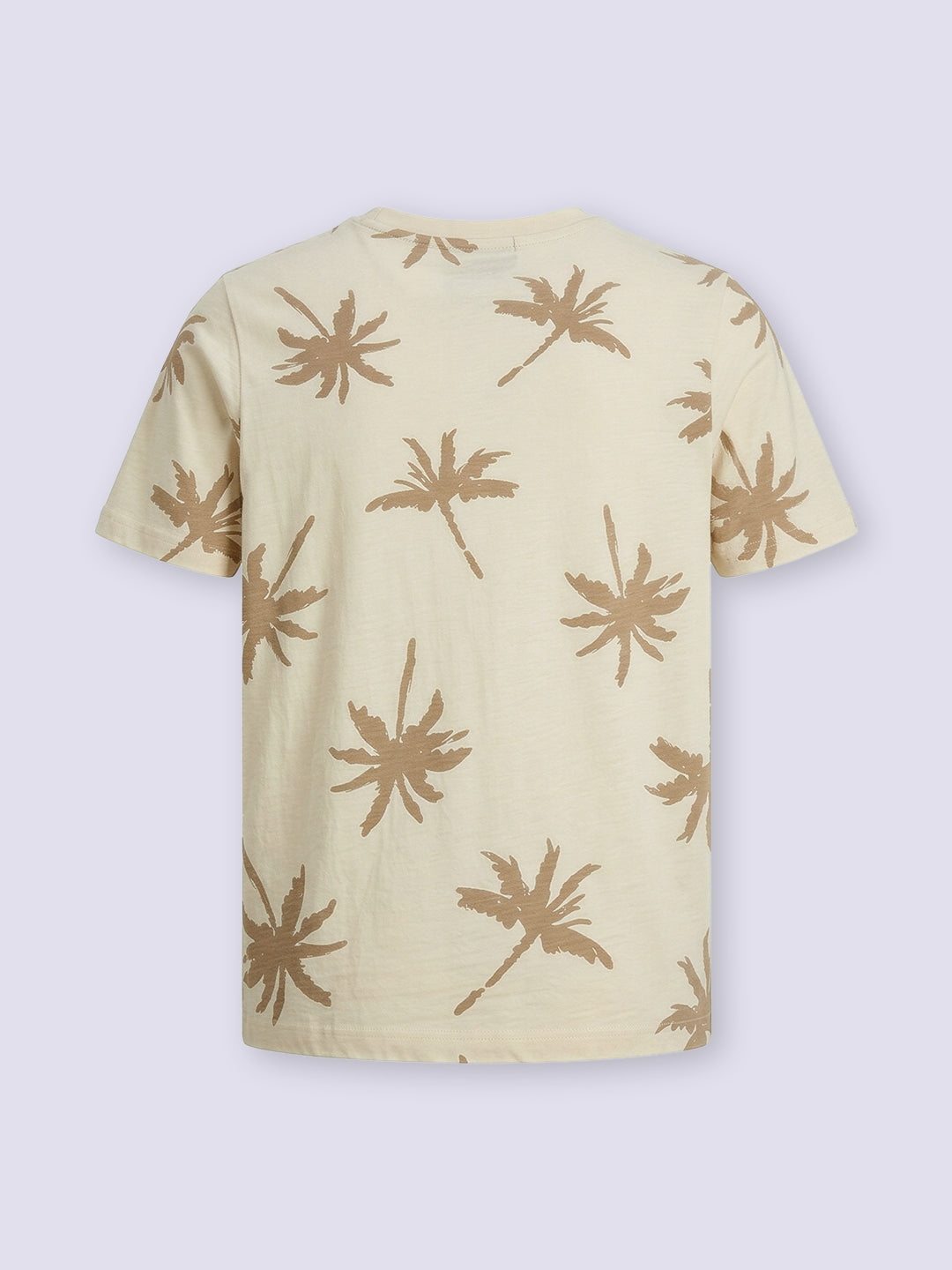 Boys Beige Palm Tree Print Cotton Regular Fit T-Shirt