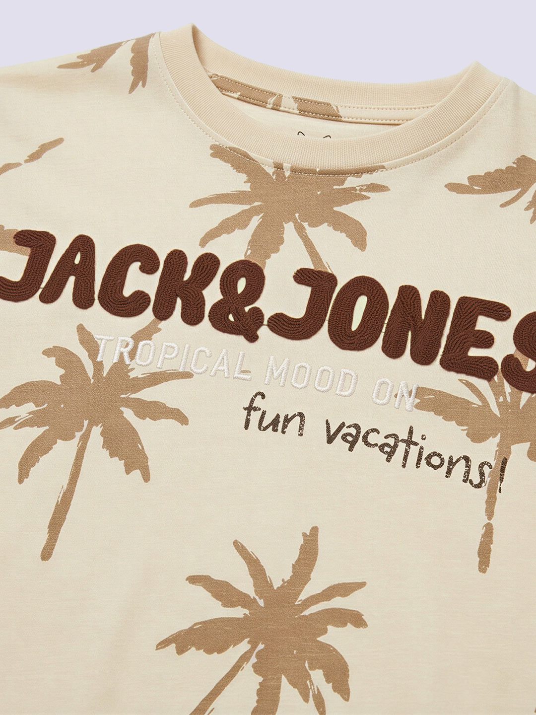 Boys Beige Palm Tree Print Cotton Regular Fit T-Shirt
