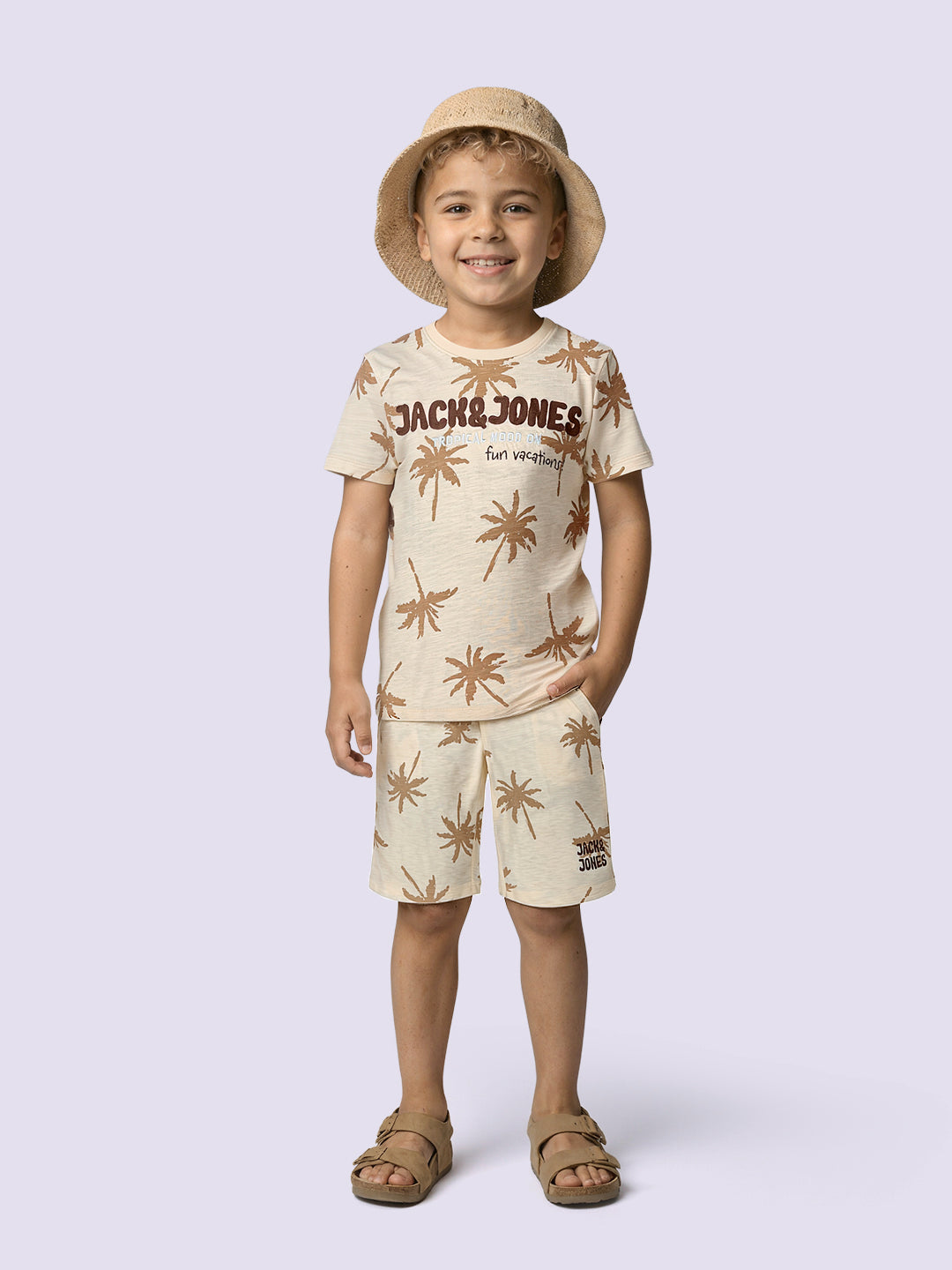 Boys Beige Palm Tree Print Cotton Regular Fit T-Shirt