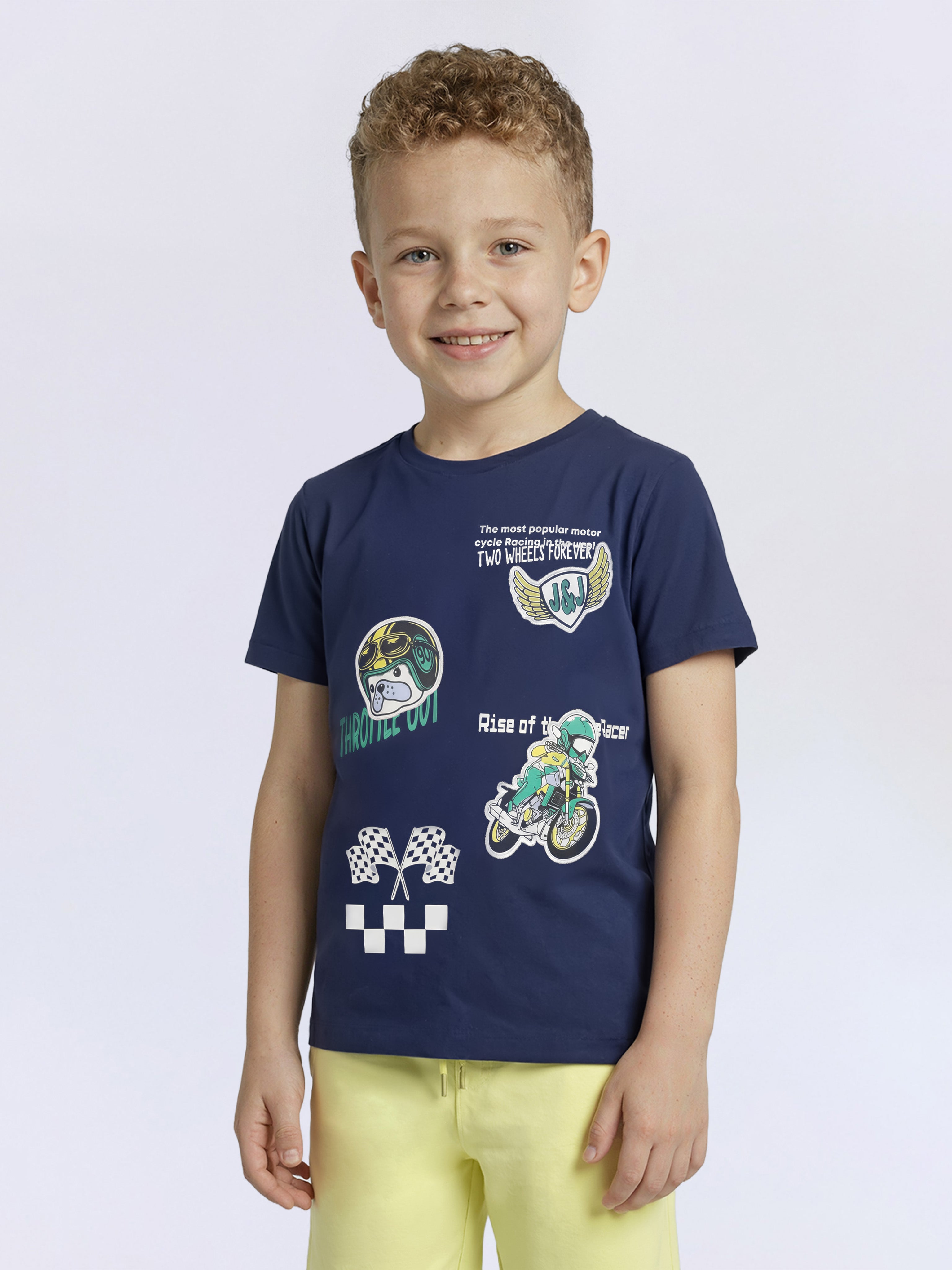 Boys Naval Academy Blue Bike Graphic Applique Patchwork Cotton T-Shirt