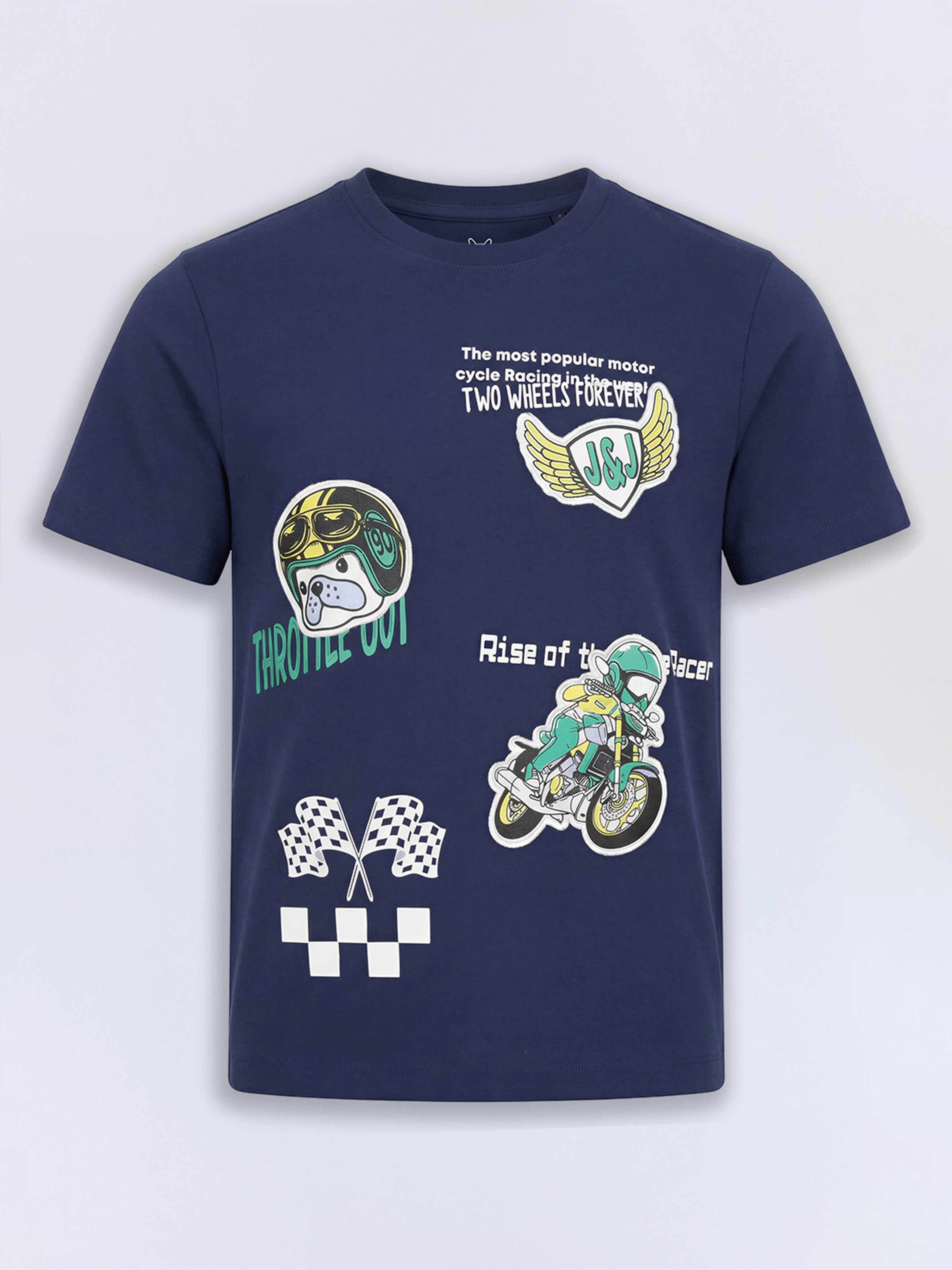 Boys Naval Academy Blue Bike Graphic Applique Patchwork Cotton T-Shirt