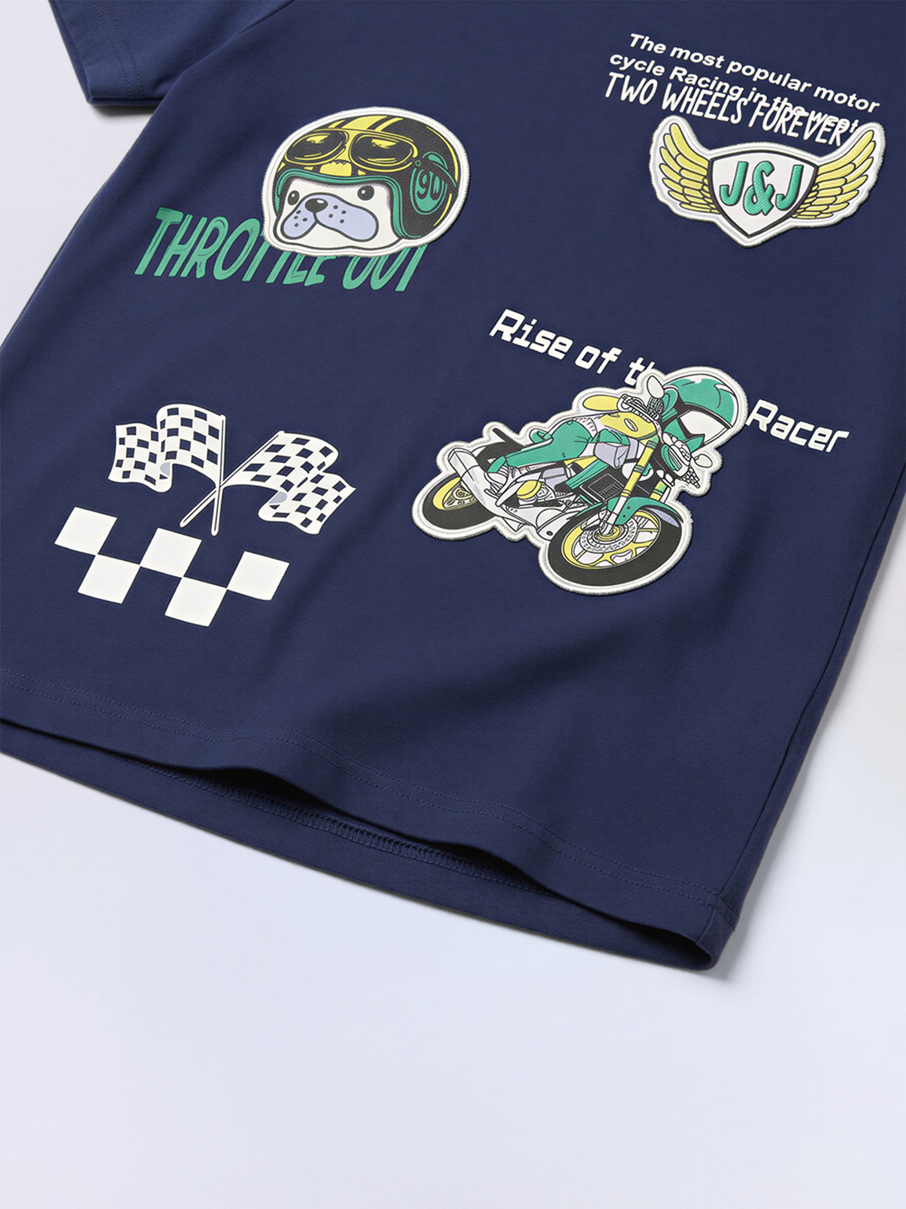 Boys Naval Academy Blue Bike Graphic Applique Patchwork Cotton T-Shirt