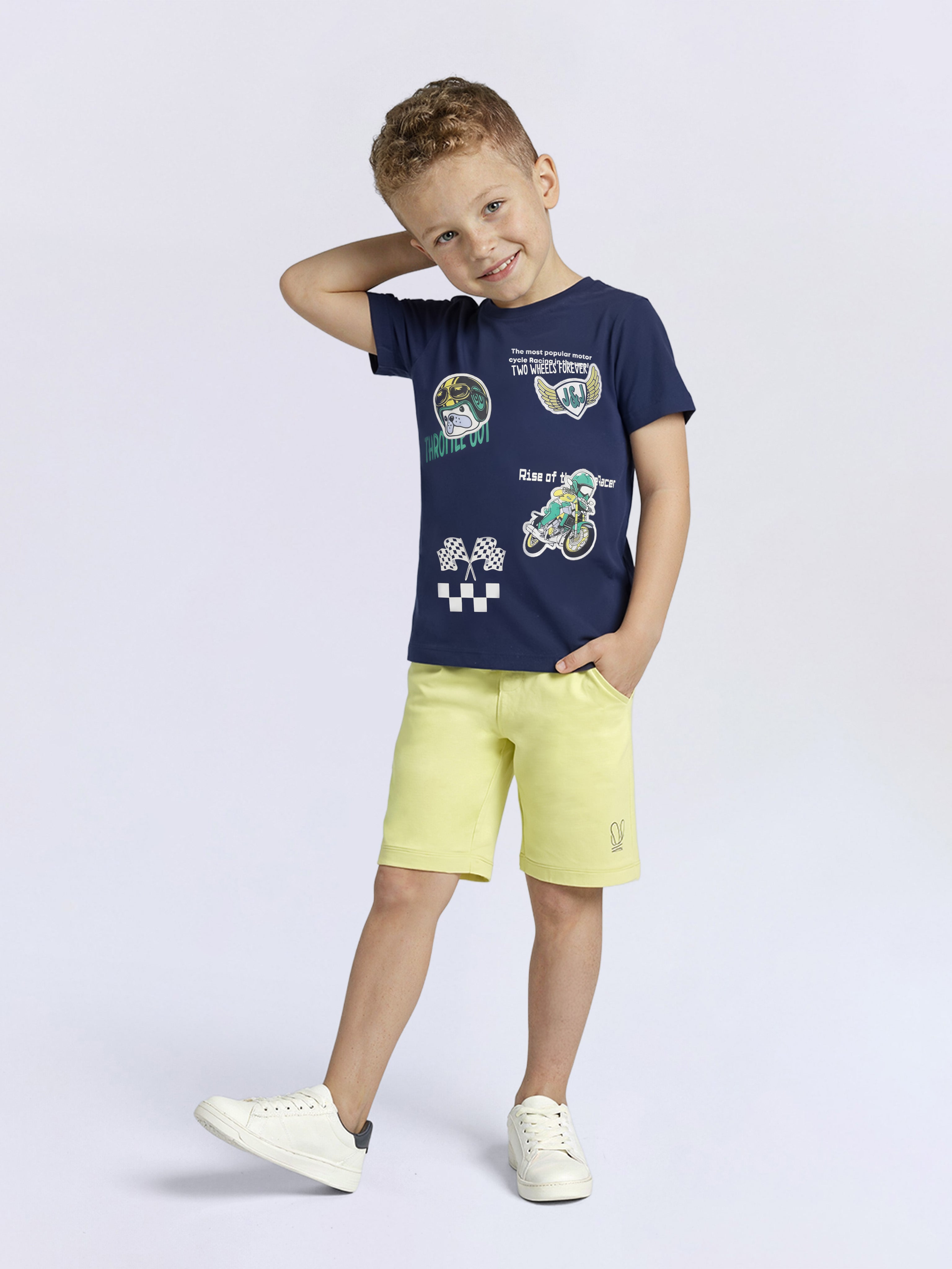 Boys Naval Academy Blue Bike Graphic Applique Patchwork Cotton T-Shirt