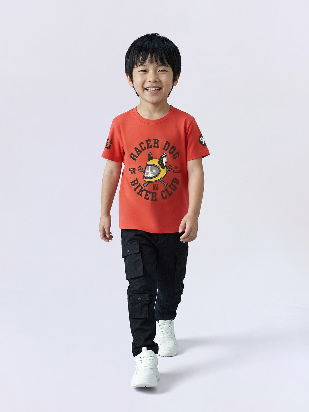 Boys Grenadine Orange Racer Dog Print Cotton T-Shirt