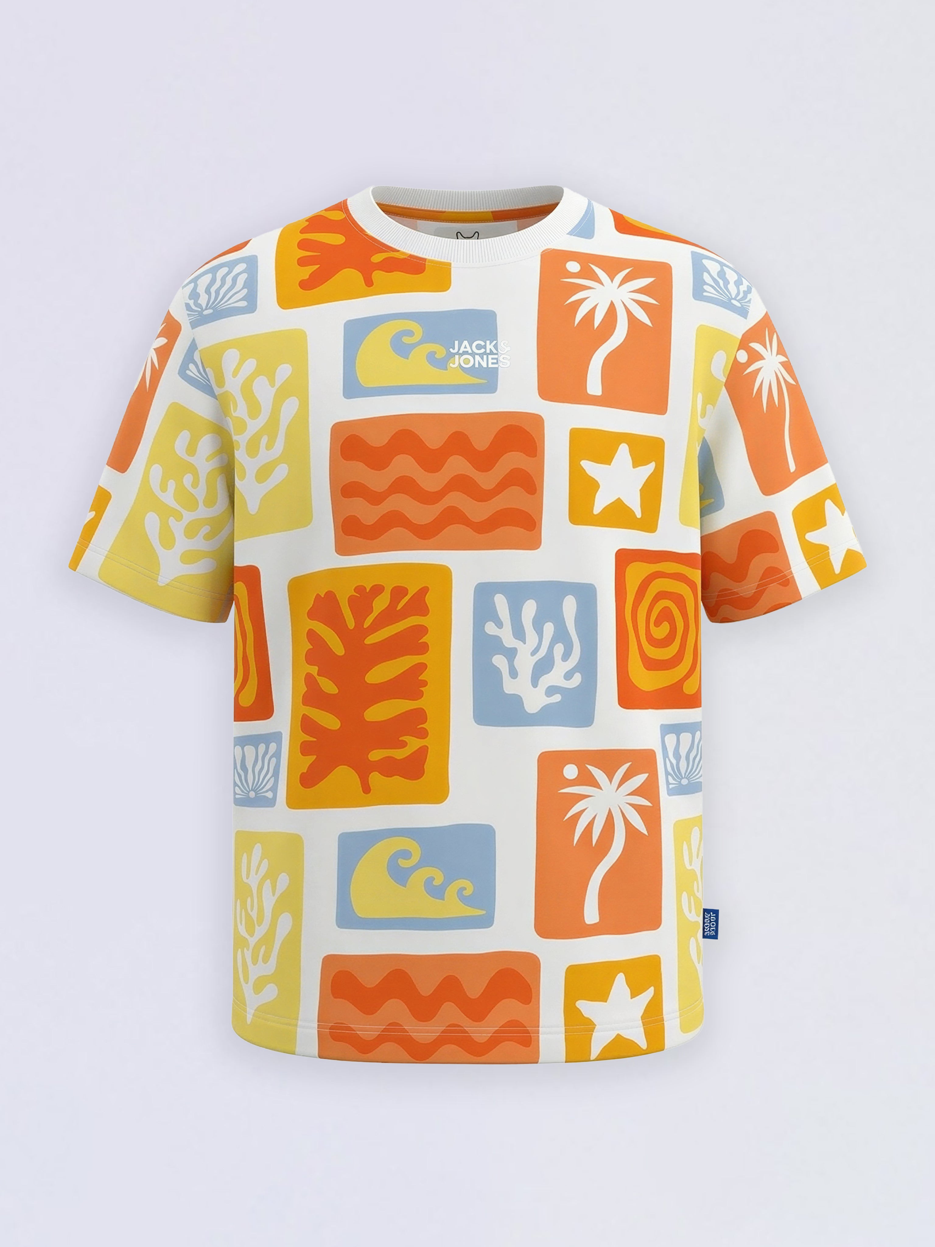 Boys Orange Beach Print Cotton Oversized T-Shirt