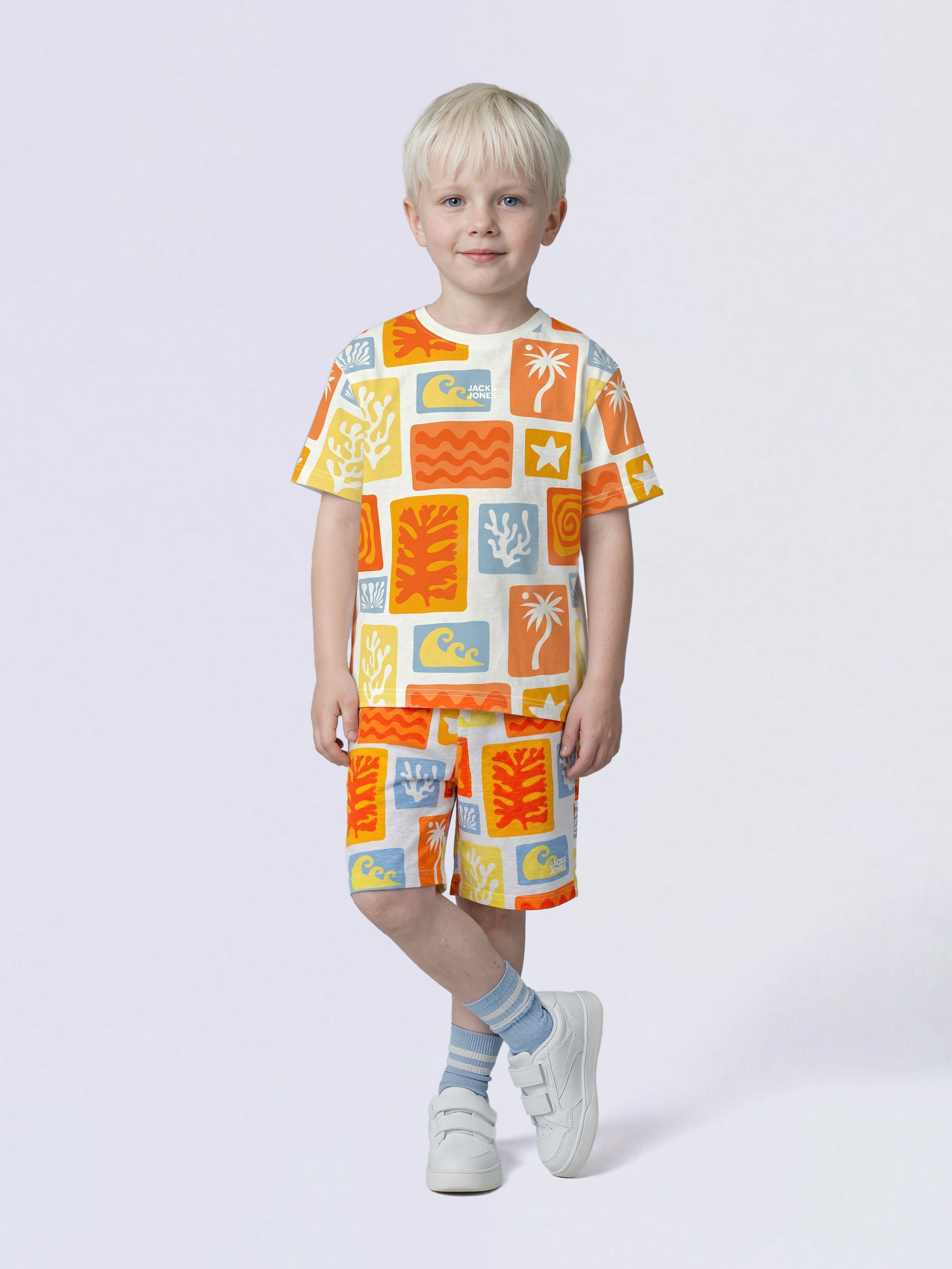 Boys Orange Beach Print Cotton Oversized T-Shirt