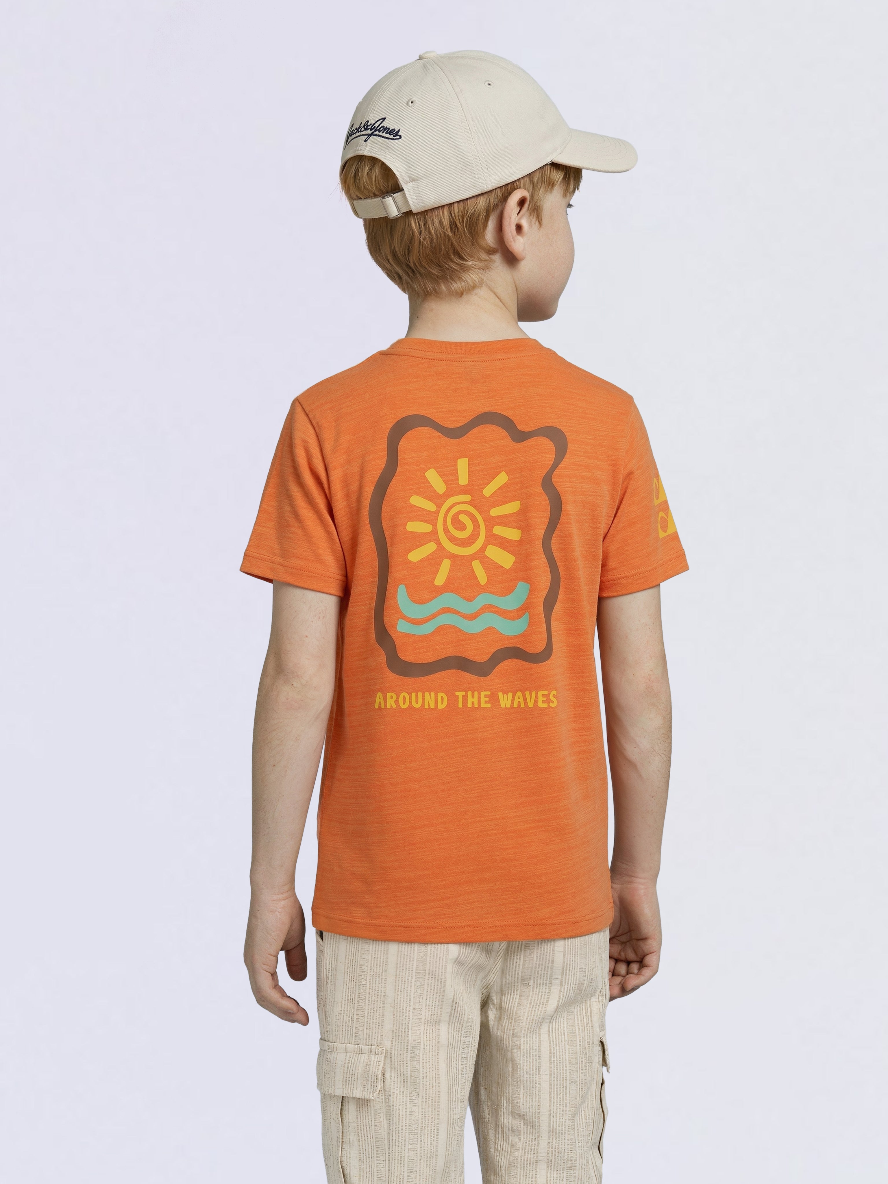 Boys Orange Tropical Print Cotton Regular Fit T-Shirt