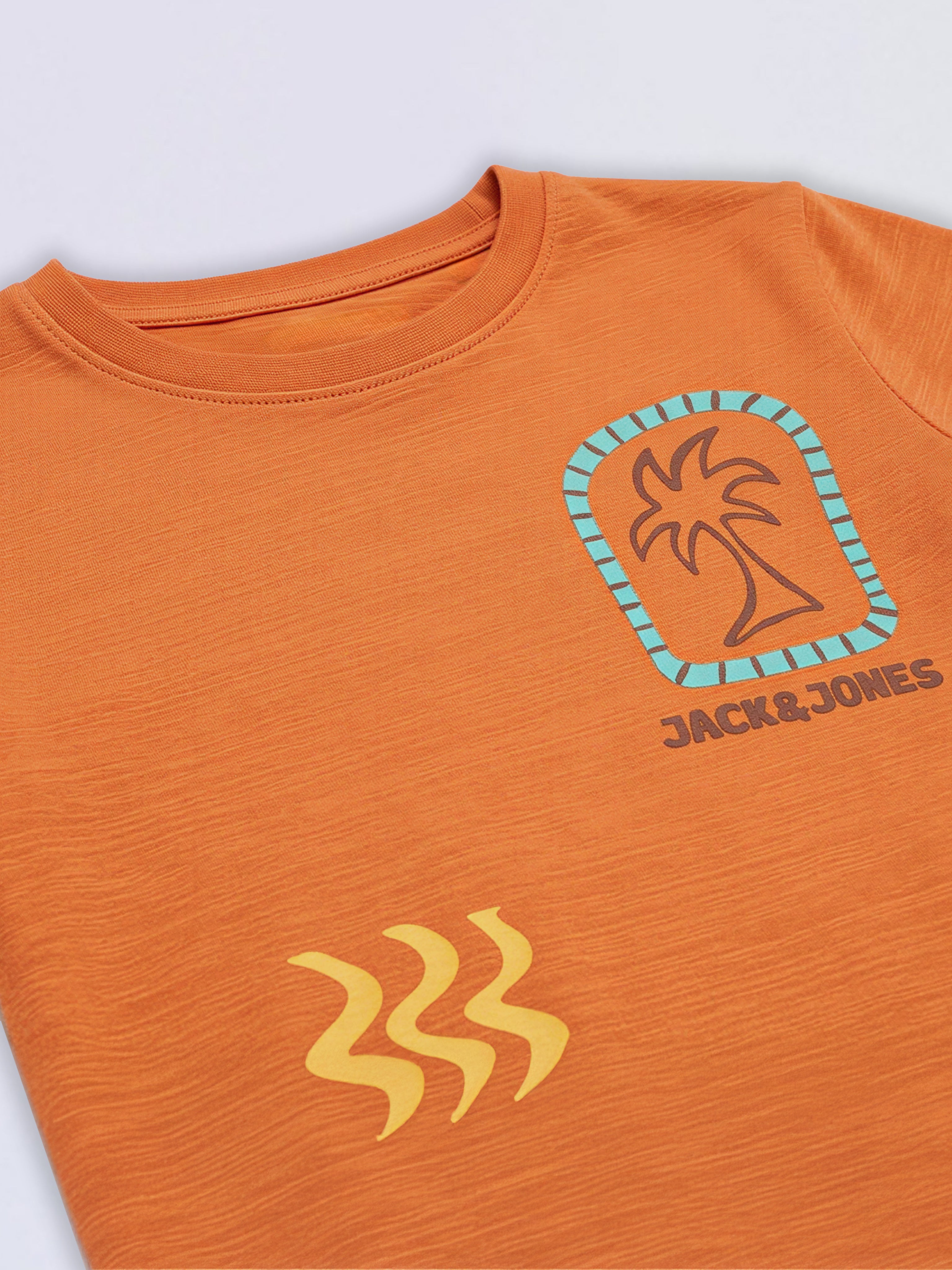 Boys Orange Tropical Print Cotton Regular Fit T-Shirt
