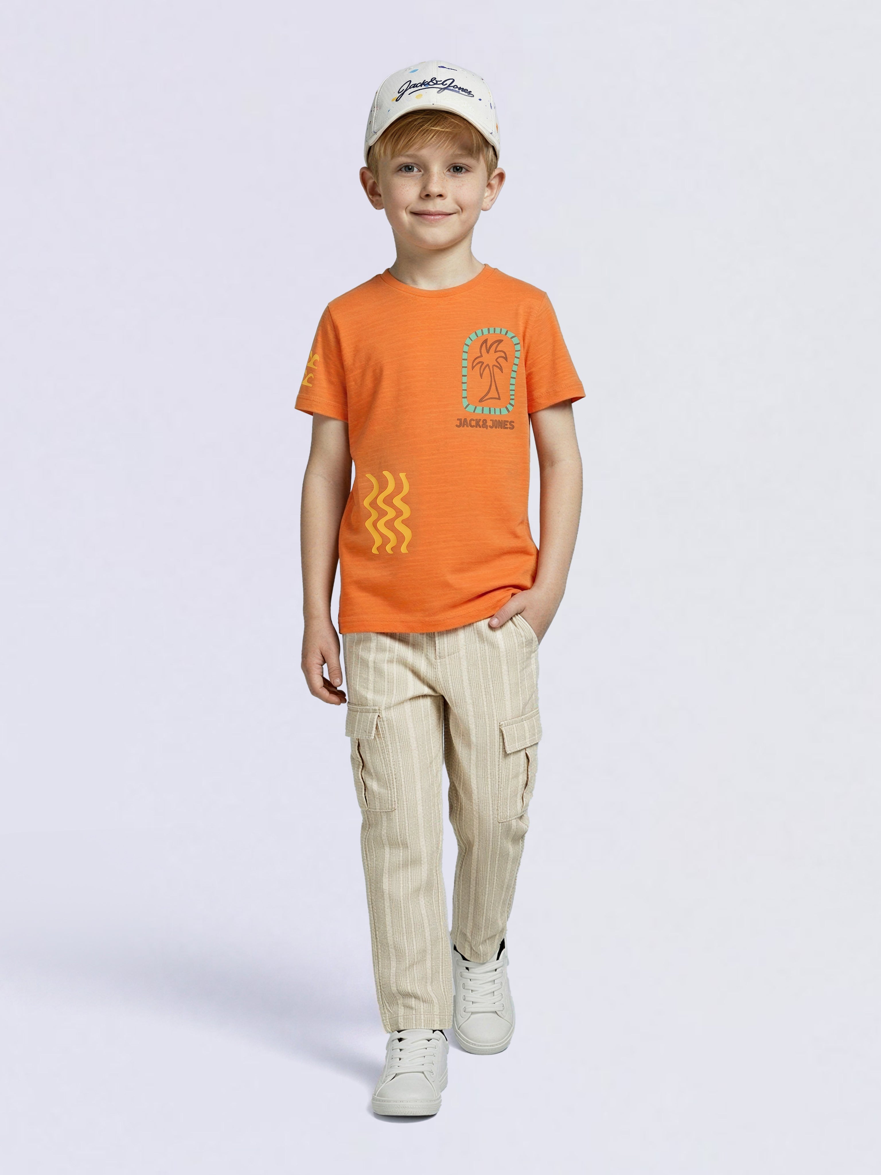 Boys Orange Tropical Print Cotton Regular Fit T-Shirt