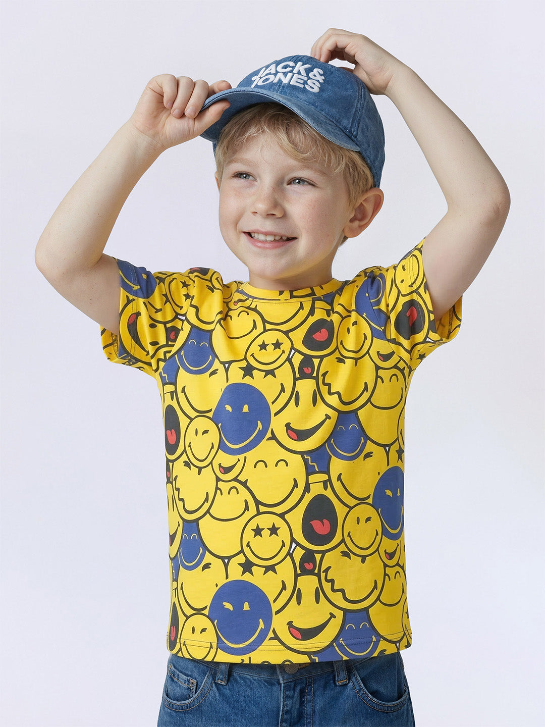 Boys Yellow Smiley Face Oversized Cotton T-Shirt