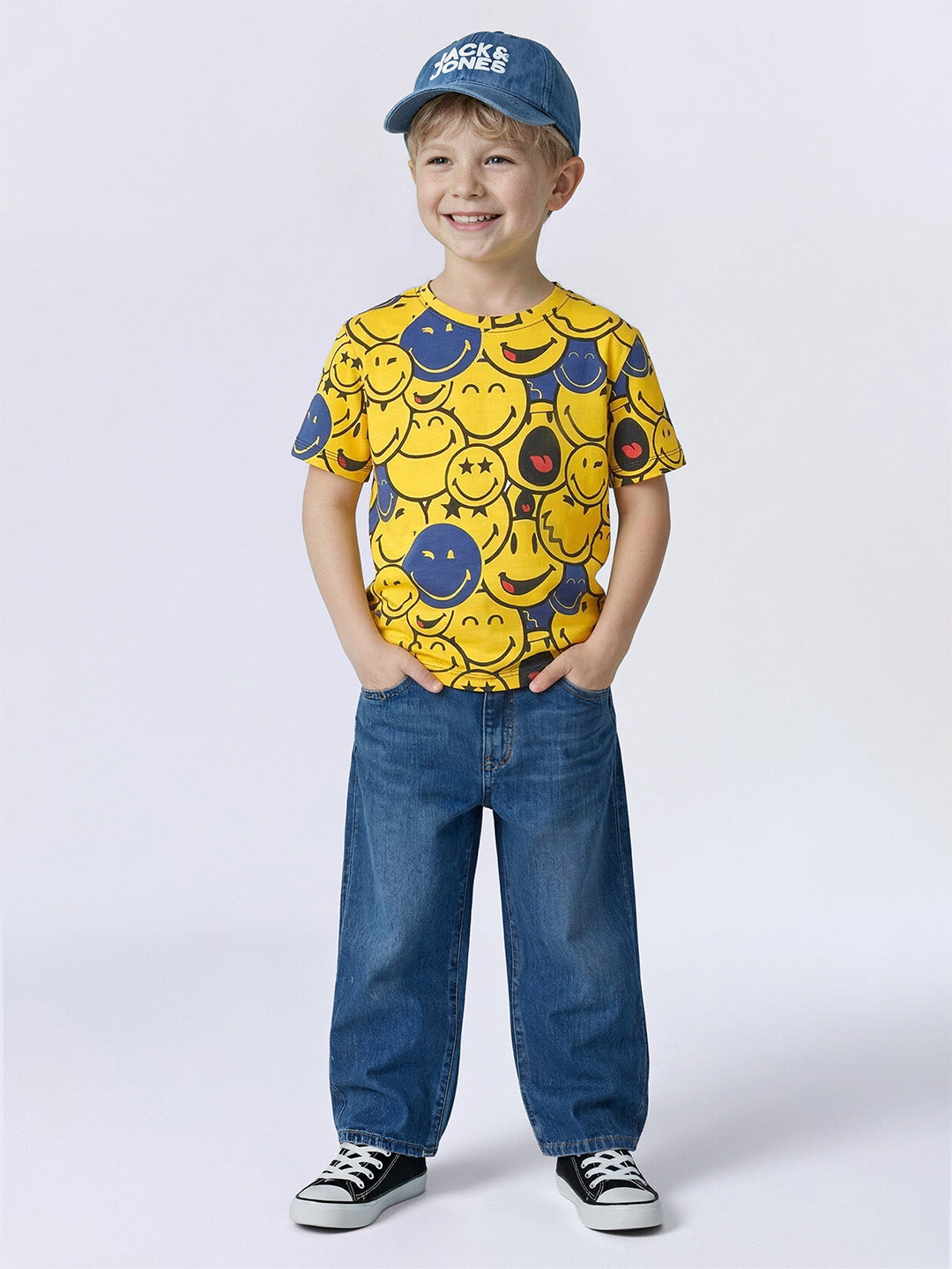 Boys Yellow Smiley Face Oversized Cotton T-Shirt