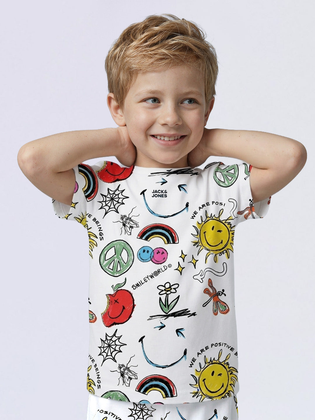 Boys White Smiley World Oversized Cotton T-Shirt