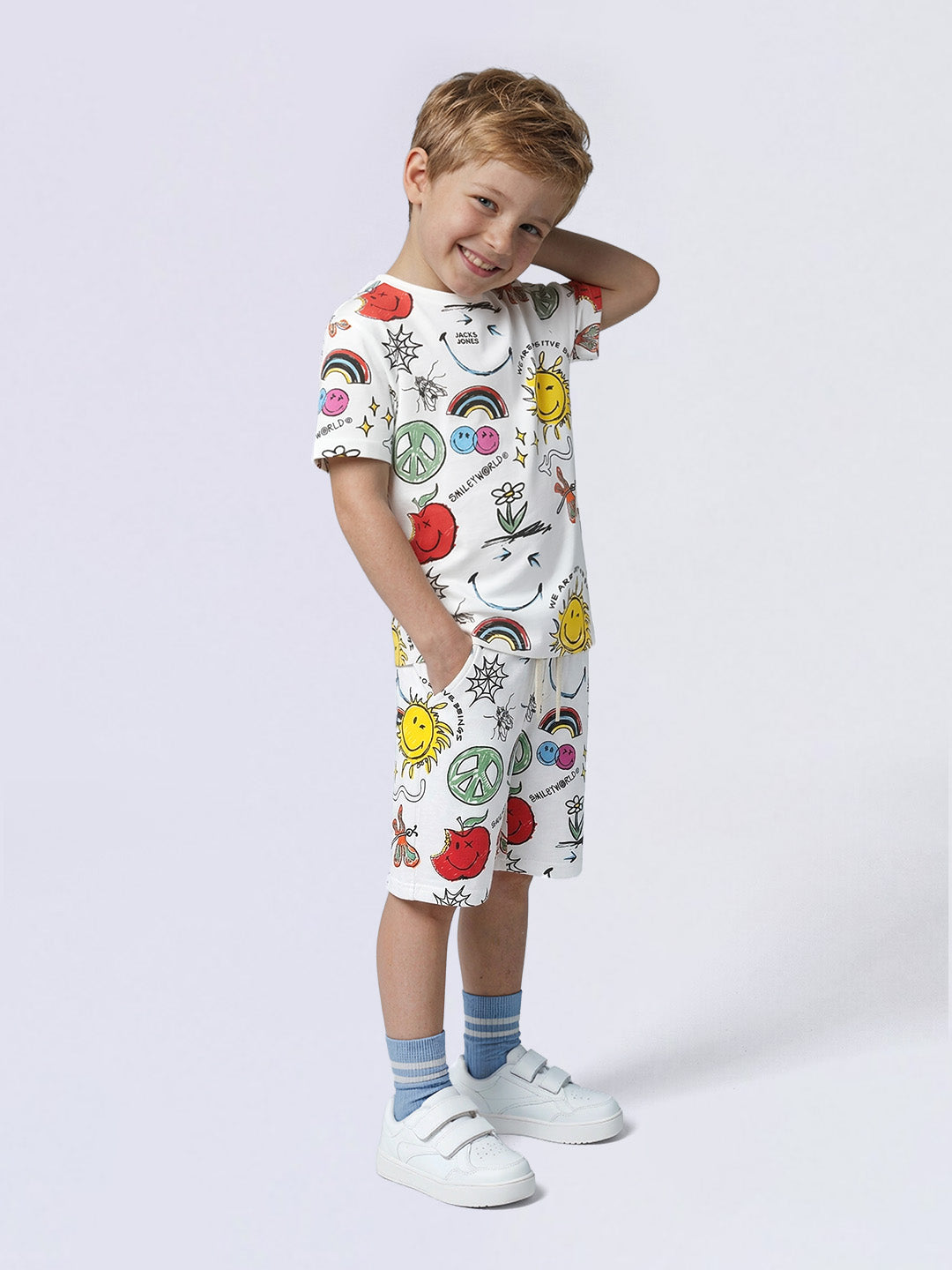 Boys White Smiley World Oversized Cotton T-Shirt