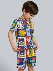 Boys Cotton Smiley Print Oversized Crew Neck T-Shirt