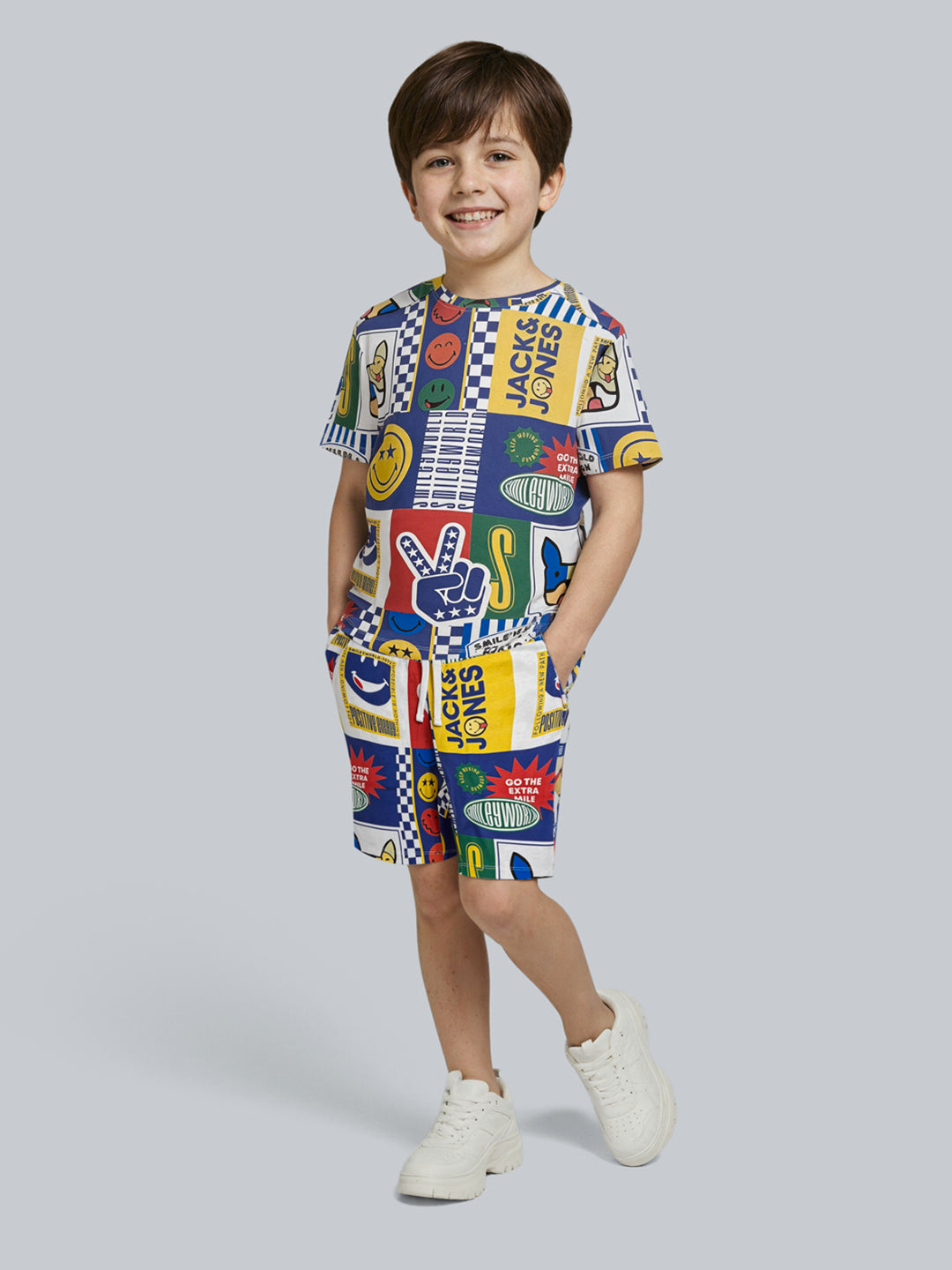 Boys Cotton Smiley Print Oversized Crew Neck T-Shirt