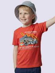 Boys Orange Racer Car Print Cotton Regular Fit T-Shirt