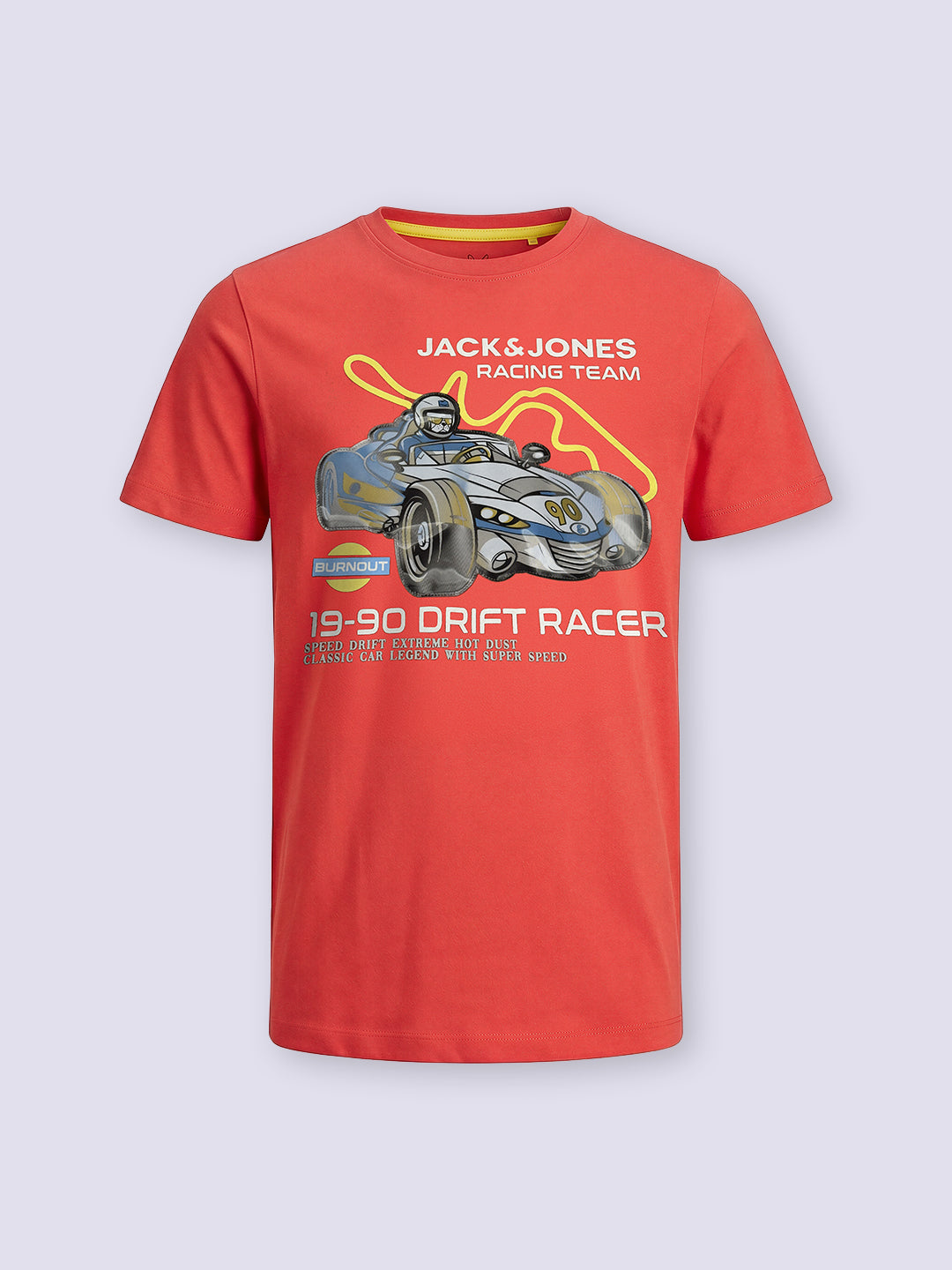 Boys Orange Racer Car Print Cotton Regular Fit T-Shirt