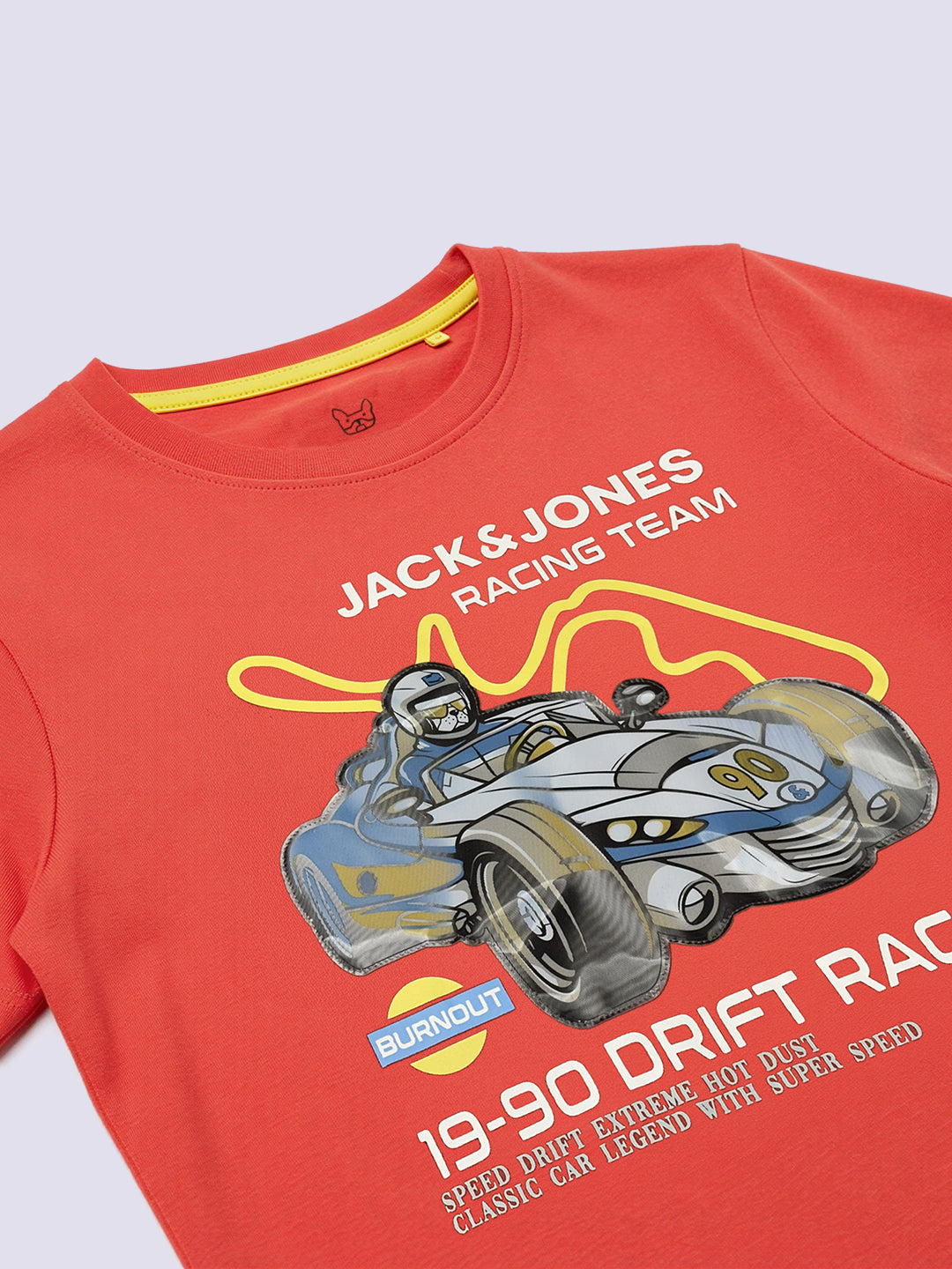 Boys Orange Racer Car Print Cotton Regular Fit T-Shirt
