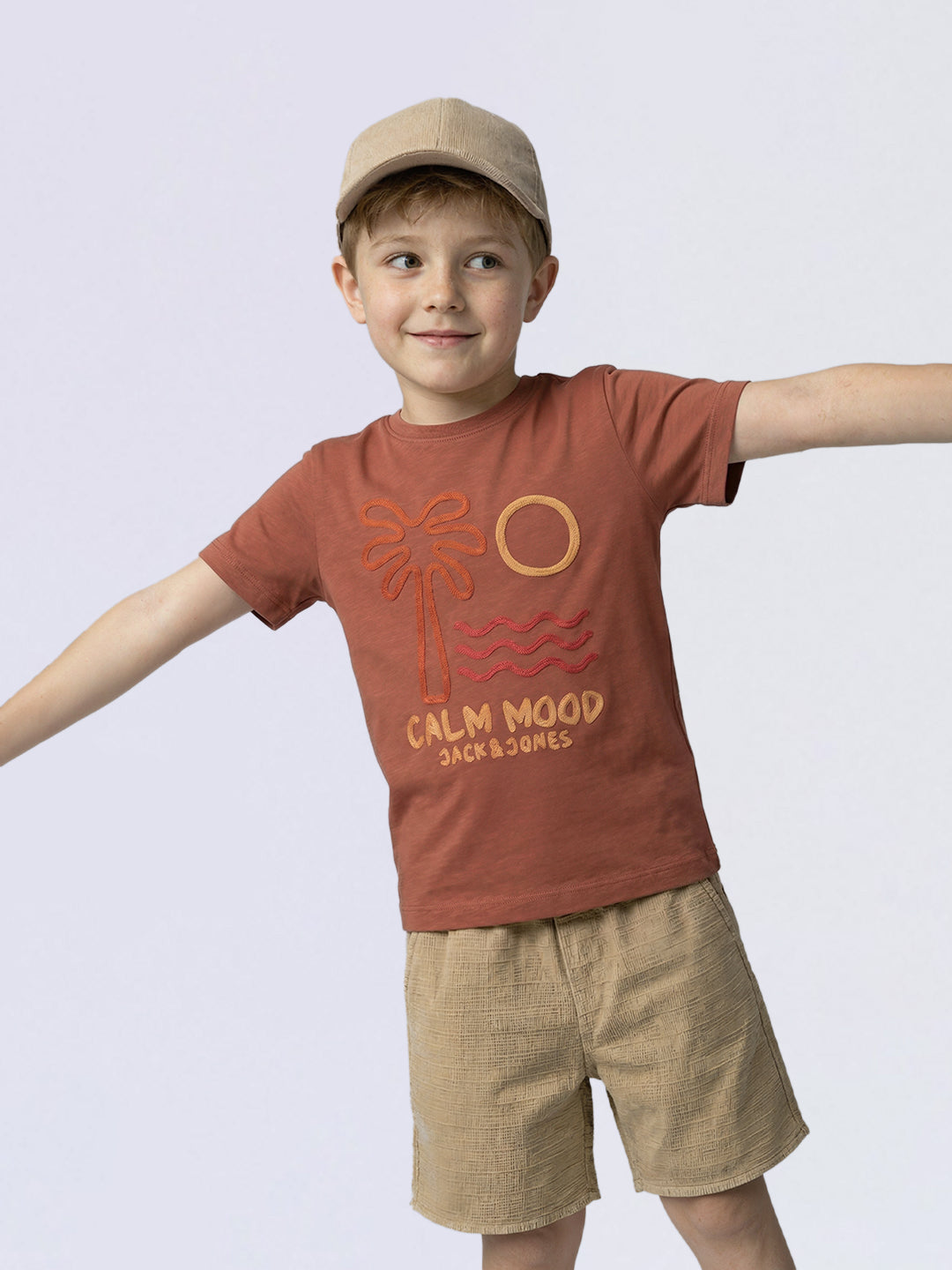 Boys Brown Embroidered Tropical Print Cotton Regular Fit T-Shirt