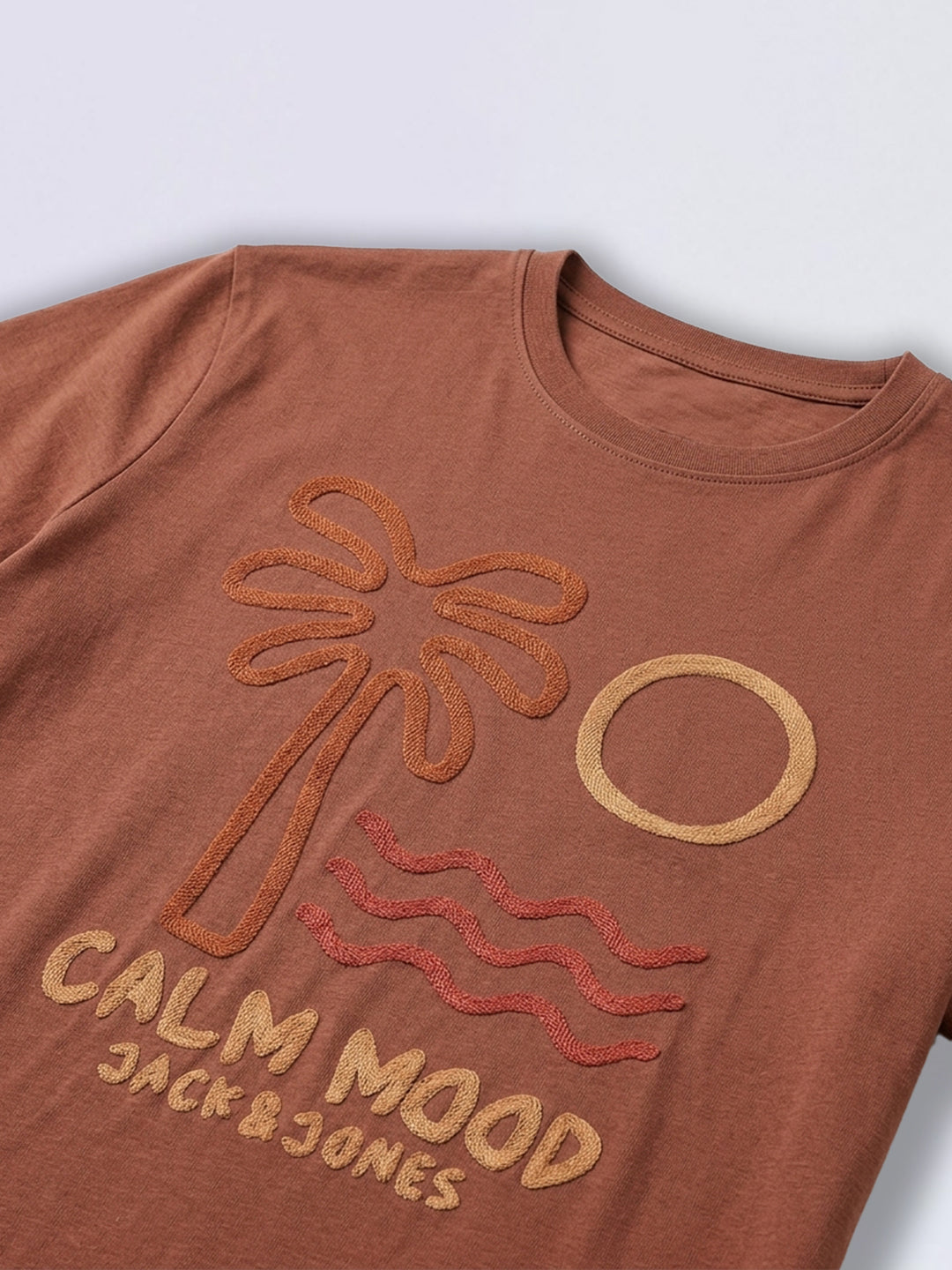 Boys Brown Embroidered Tropical Print Cotton Regular Fit T-Shirt