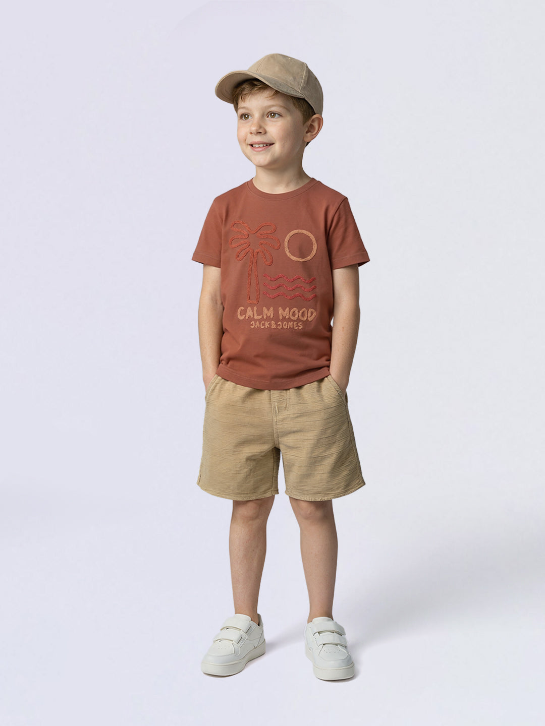 Boys Brown Embroidered Tropical Print Cotton Regular Fit T-Shirt