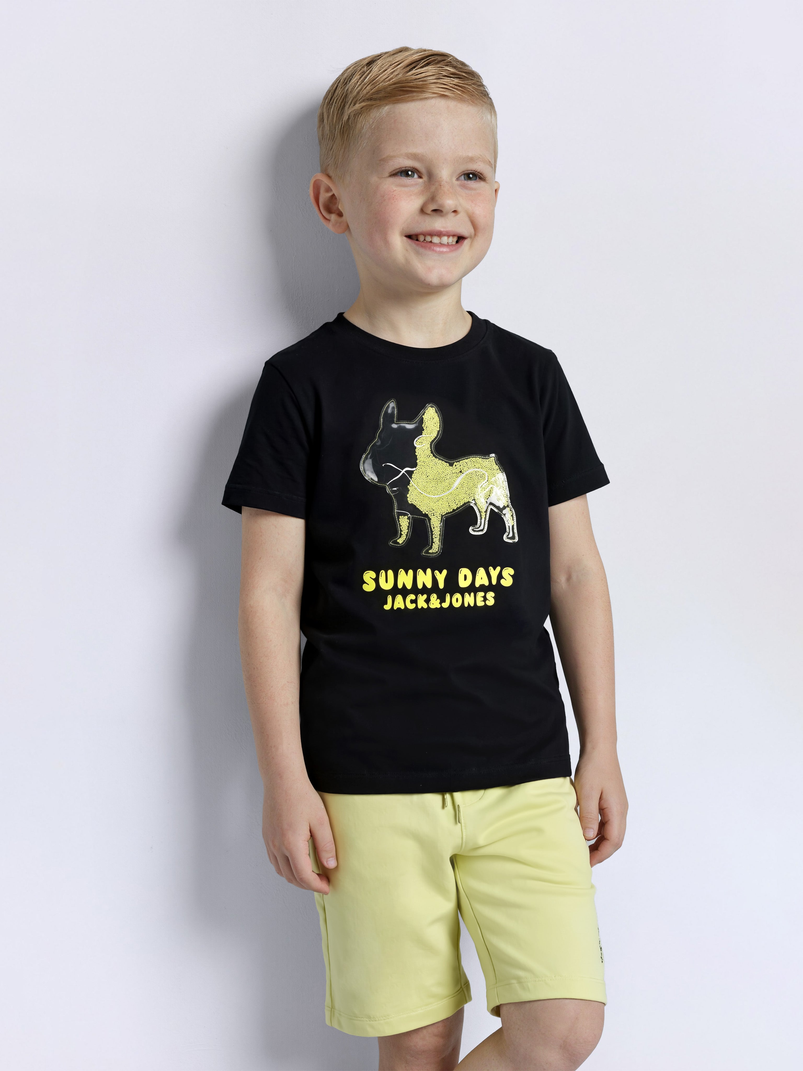 Boys Jet Black Dog Graphic Interactive Bead Cotton T-Shirt