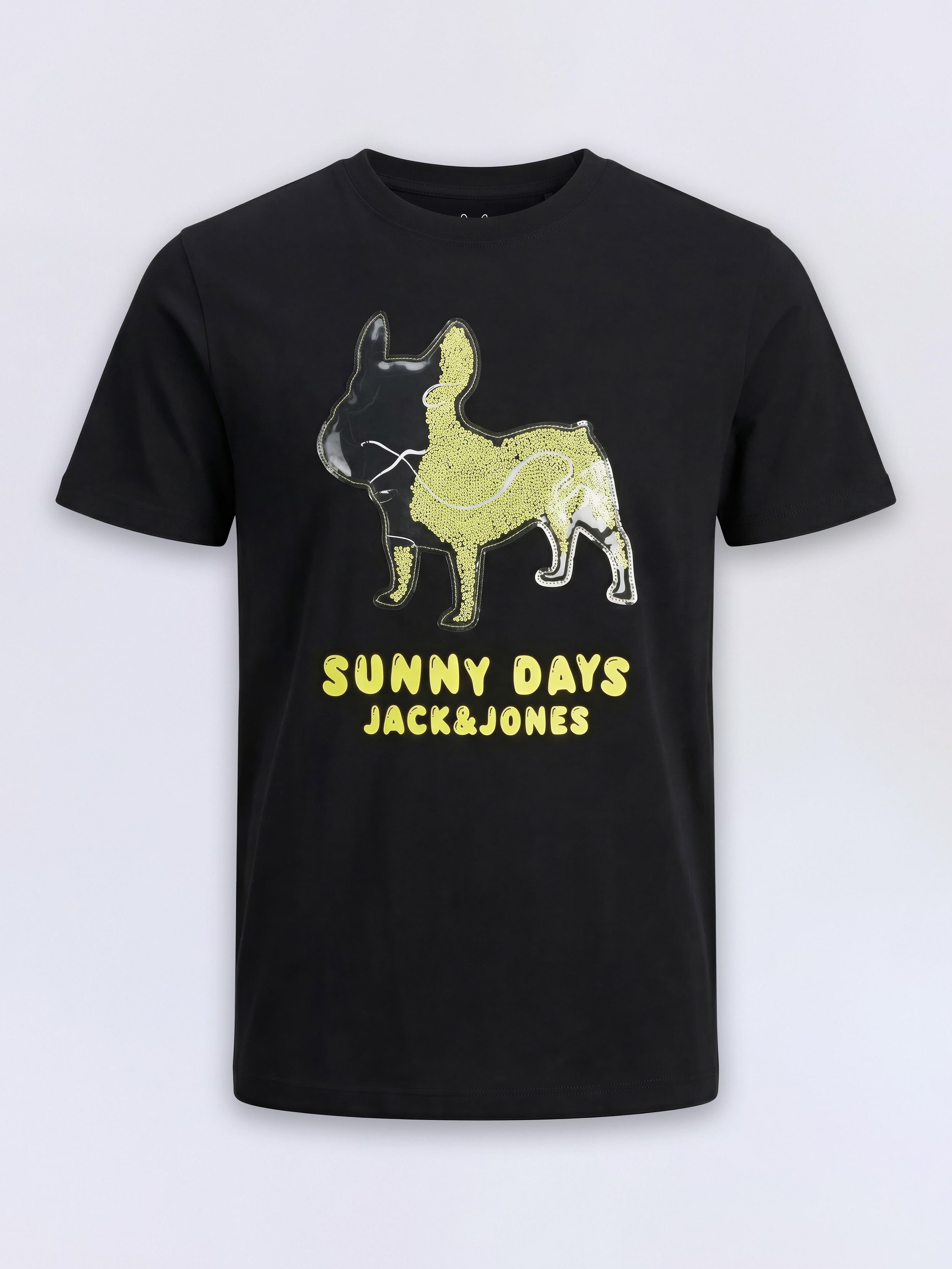 Boys Jet Black Dog Graphic Interactive Bead Cotton T-Shirt