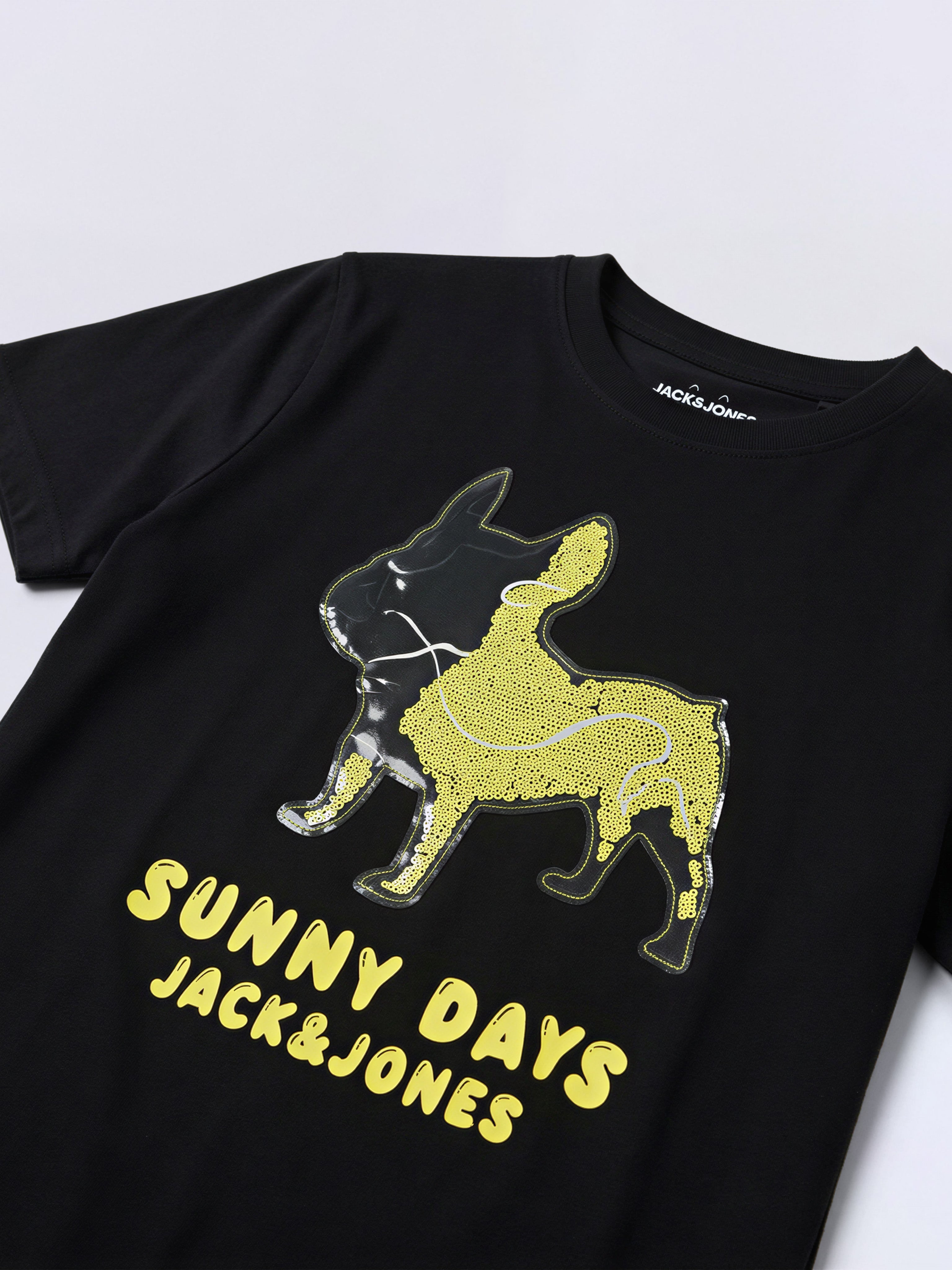 Boys Jet Black Dog Graphic Interactive Bead Cotton T-Shirt