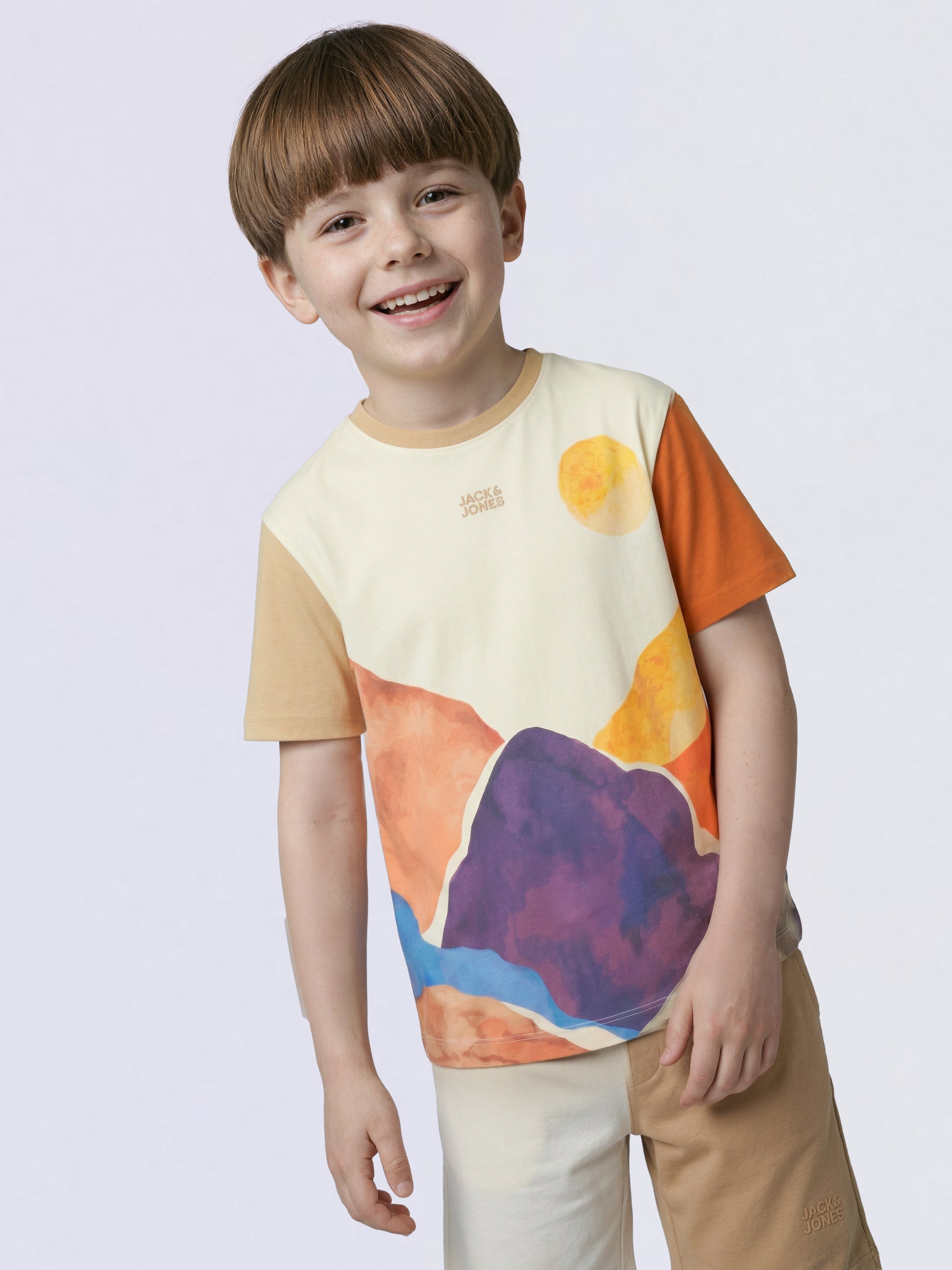 Boys Brown Colourblocked Scenic Print Cotton Oversized T-Shirt