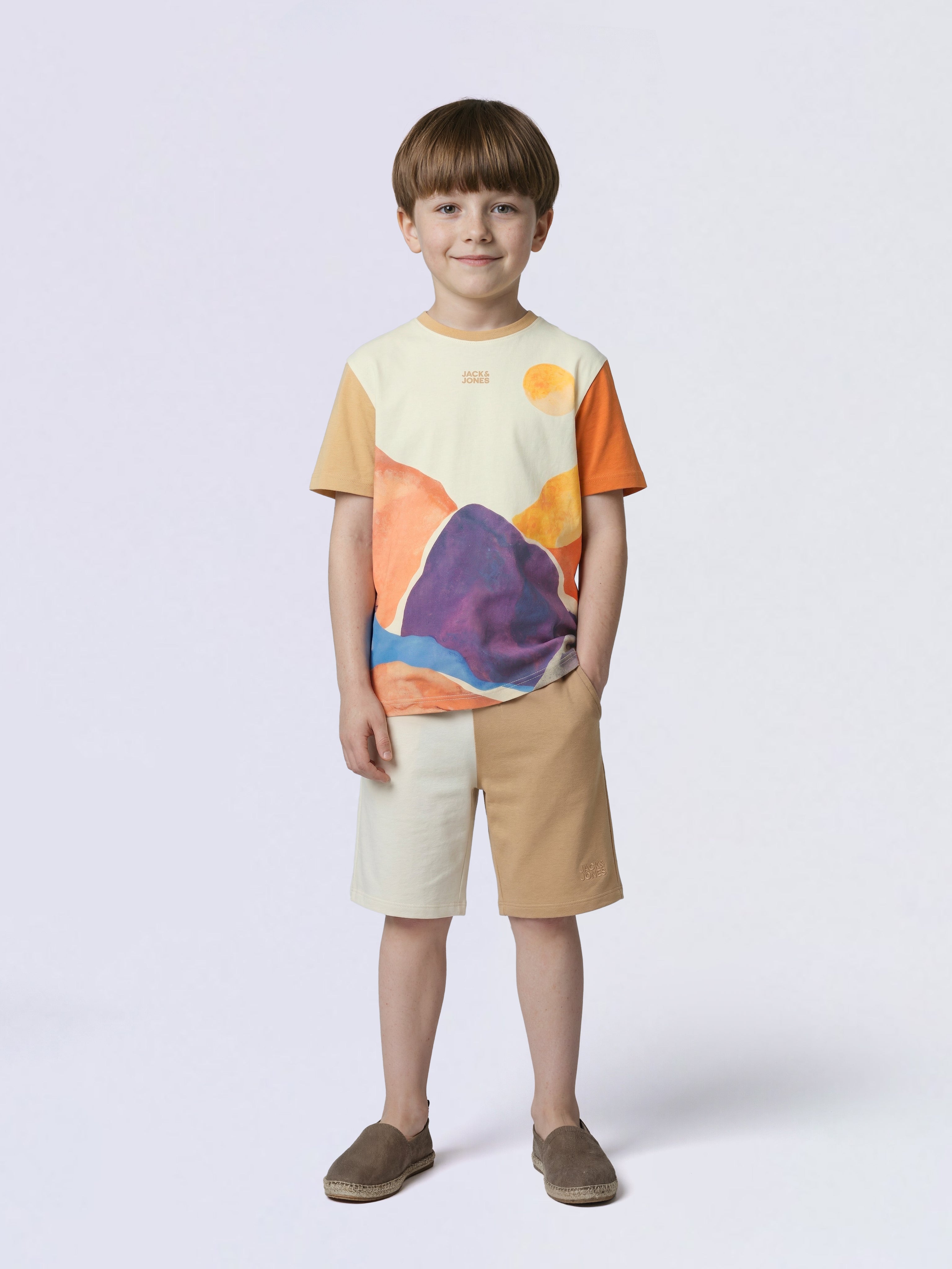 Boys Brown Colourblocked Scenic Print Cotton Oversized T-Shirt