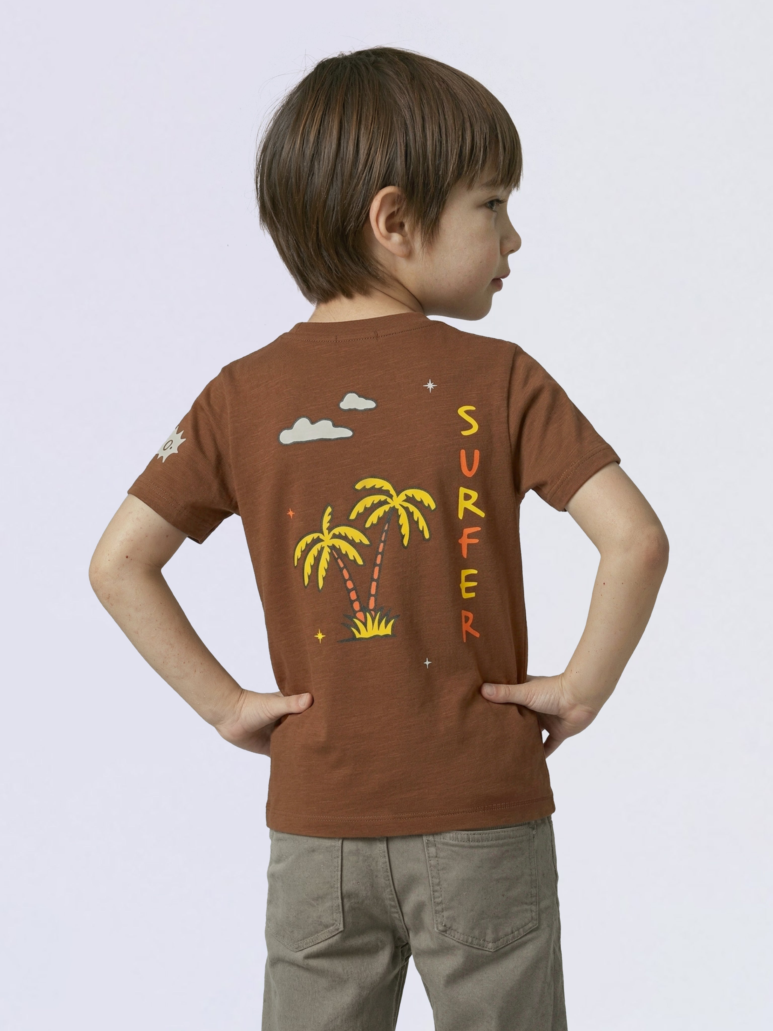 Boys Dark Brown Pup Print Cotton Regular Fit T-Shirt