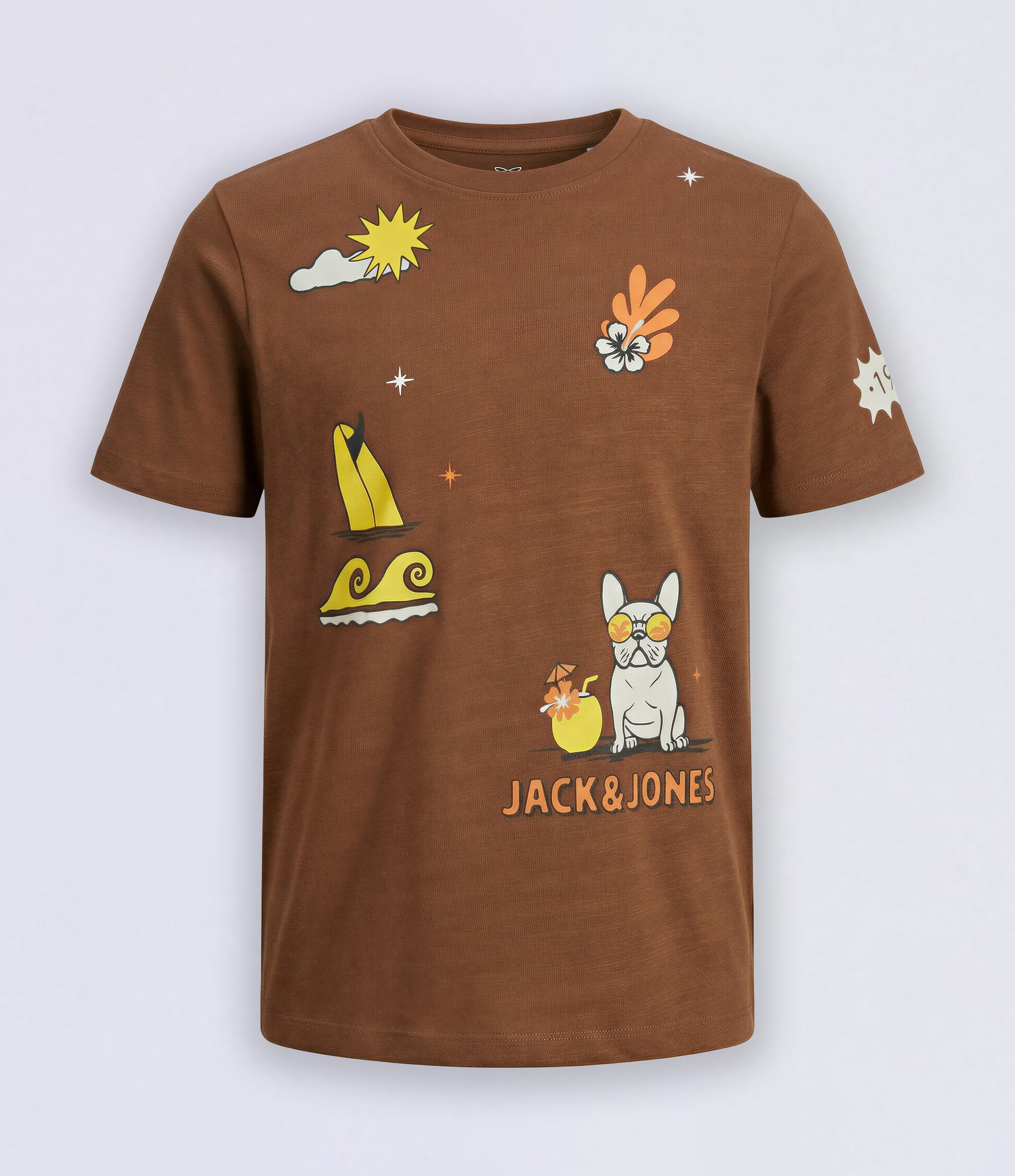 Boys Dark Brown Pup Print Cotton Regular Fit T-Shirt