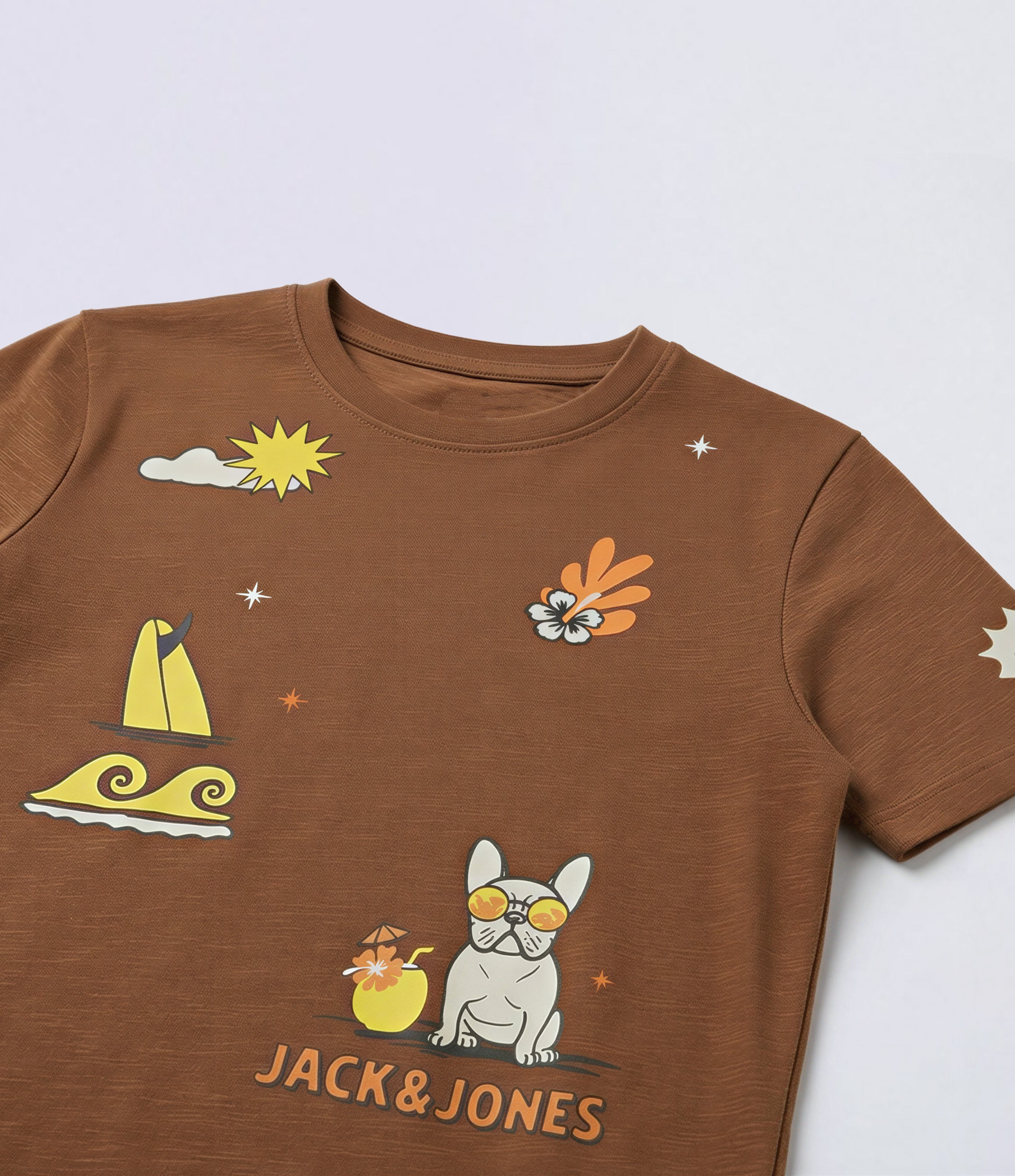 Boys Dark Brown Pup Print Cotton Regular Fit T-Shirt