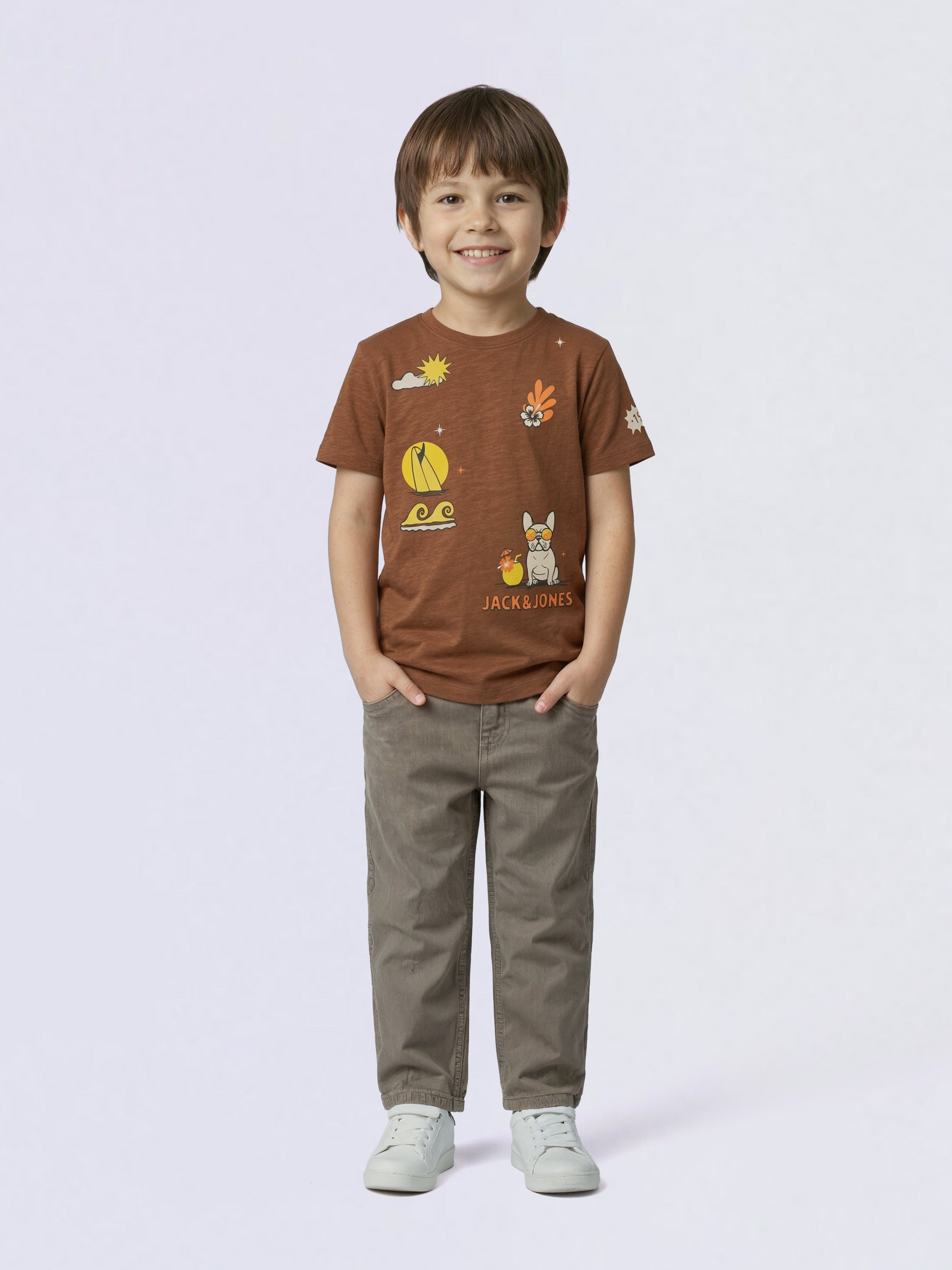 Boys Dark Brown Pup Print Cotton Regular Fit T-Shirt