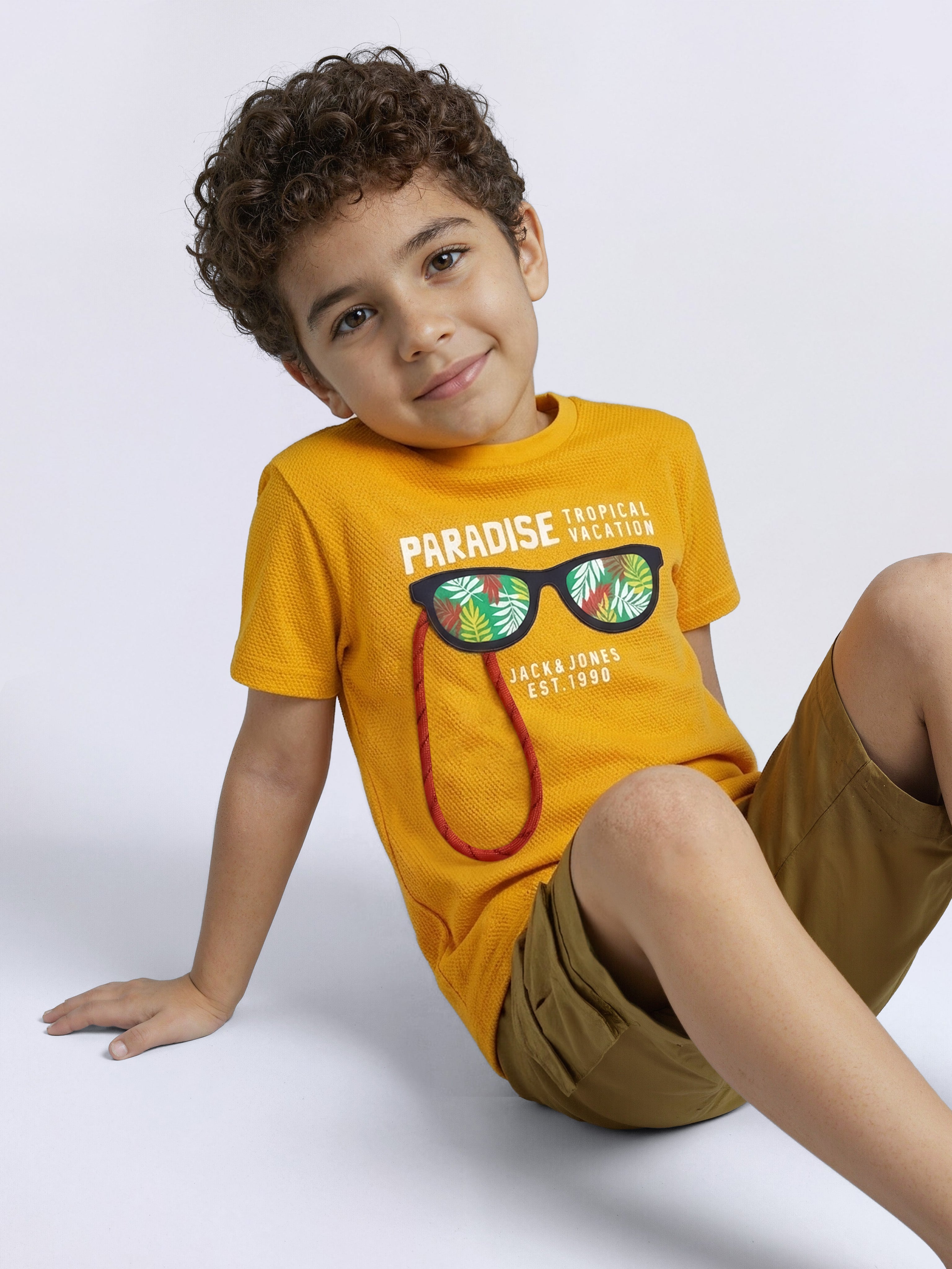 Boys Saffron Orange Sunglasses Graphic Interactive Cotton T-Shirt