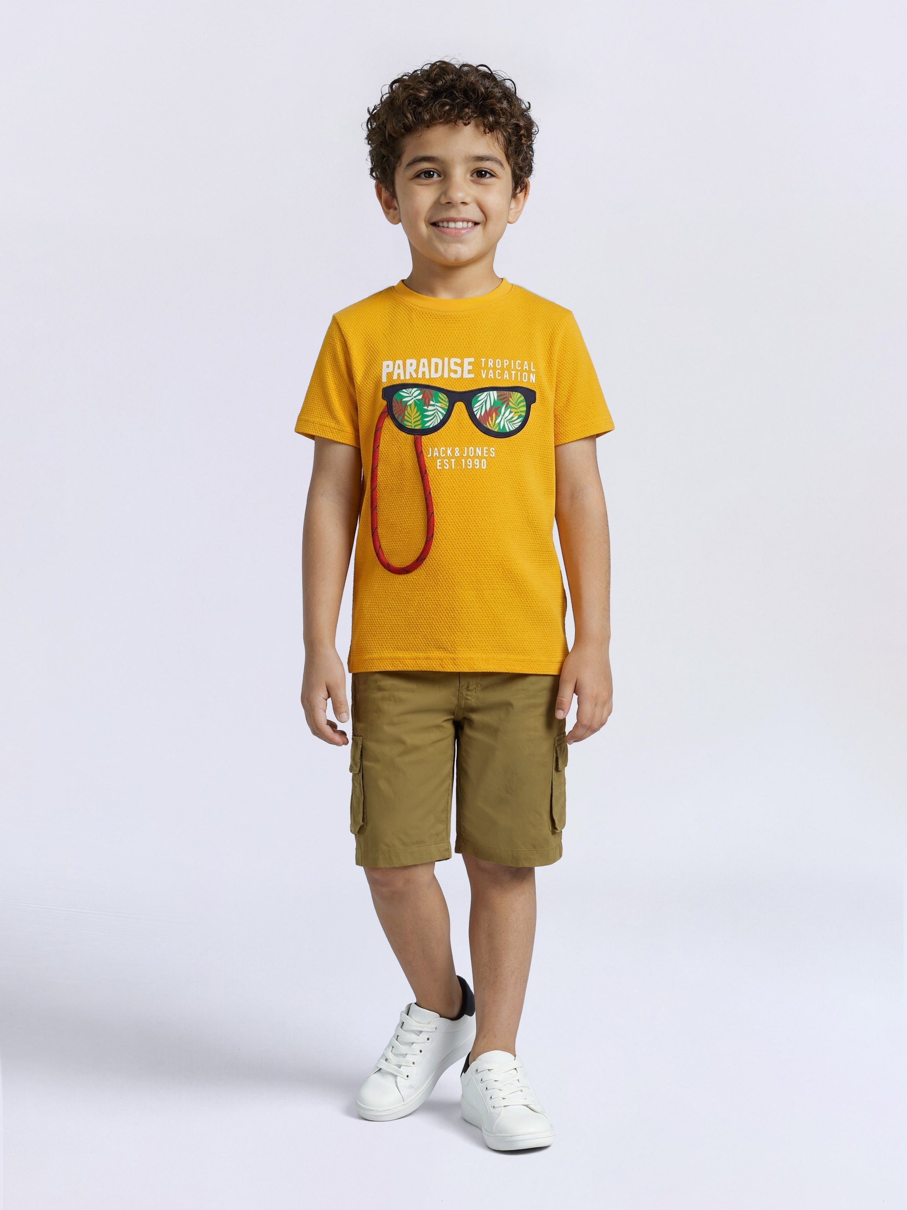 Boys Saffron Orange Sunglasses Graphic Interactive Cotton T-Shirt