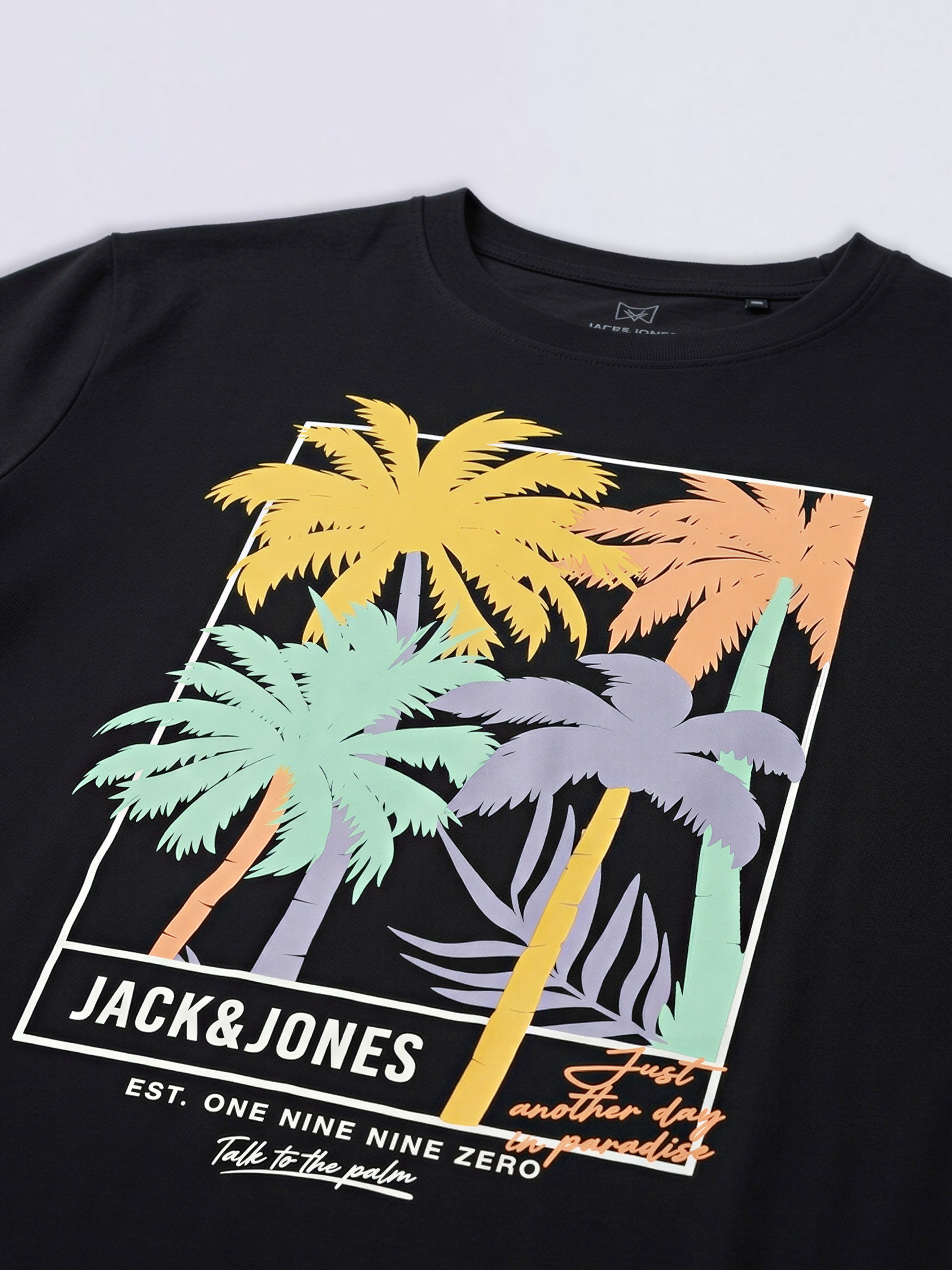 Boys Black Tropical Print Cotton Regular Fit T-Shirt